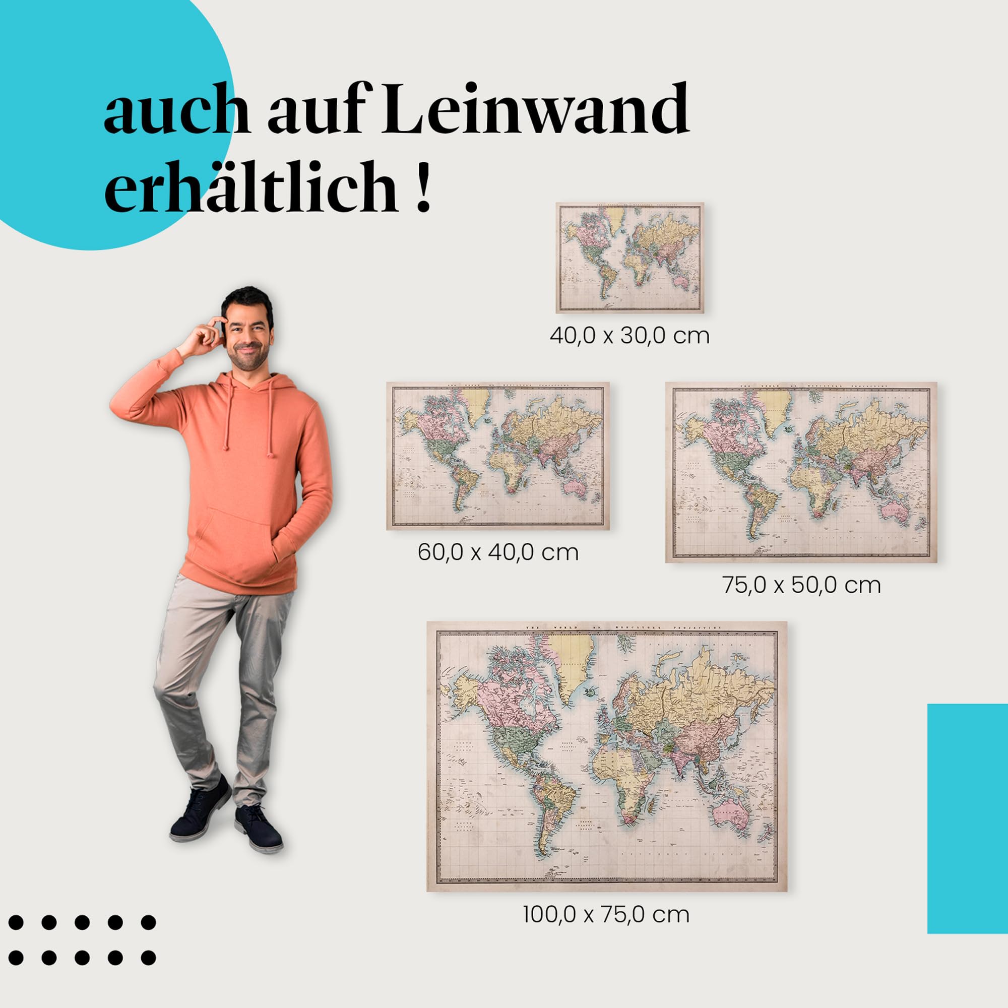 Postereck - 0557 - Historische Weltkarte, Vintage Kontinente Bunt - Unterricht Klassenzimmer Schule Wandposter Fotoposter Bilder Wandbild Wandbilder - Leinwand - 100,0 cm x 75,0 cm