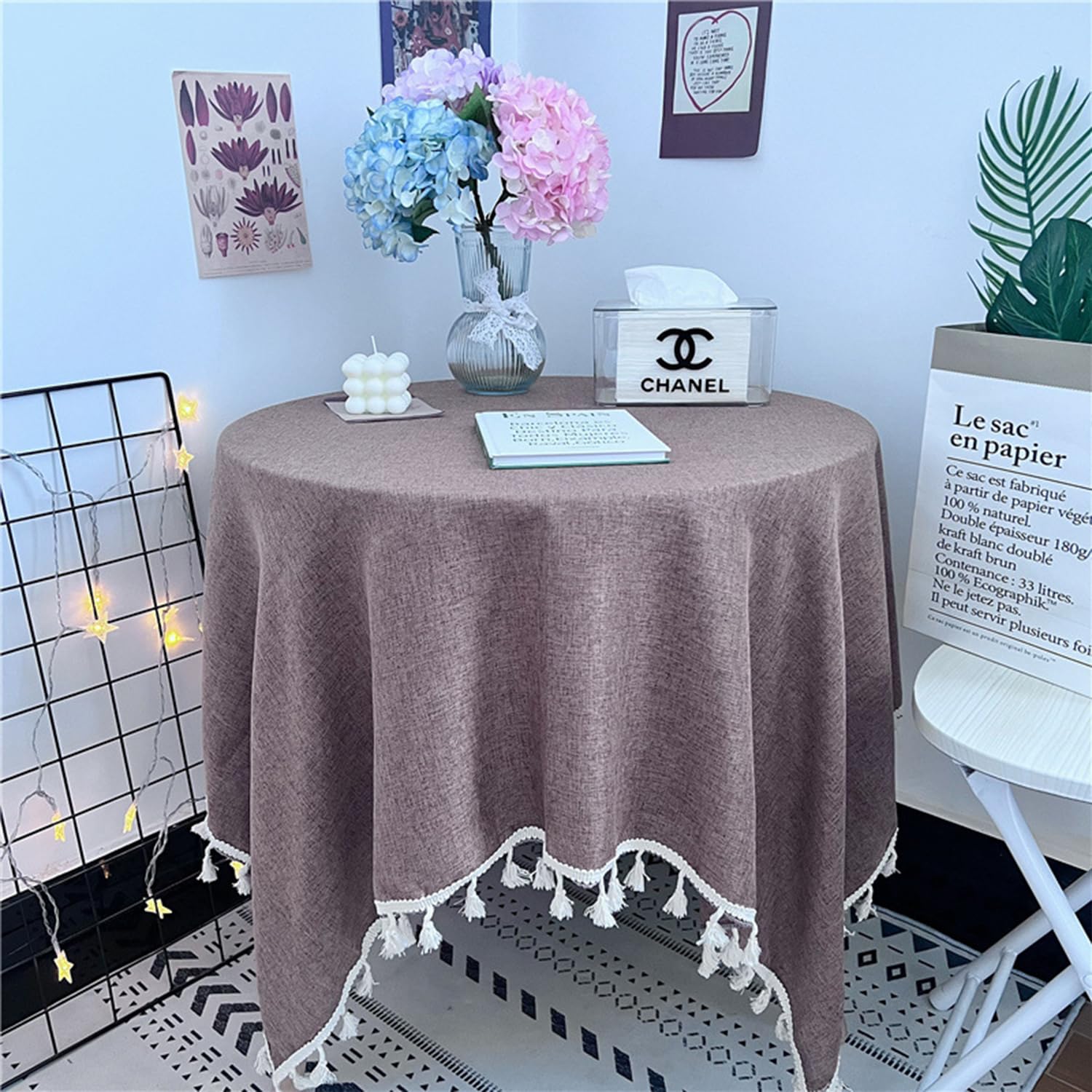 FOELANNE Embroidered Lace Tablecloth, Square Cotton Linen Tablecloth with Tassels, Washable, Multicolor, Multiple Sizes(Brown,140x140cm)
