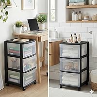 Vista 4 de 3 Drawer Plastic Storage,Organizer Cart with Wheels for Home,Rolling Bin Cart Storage for Clothes and Office Supplies Organizer Office,Black (Black)