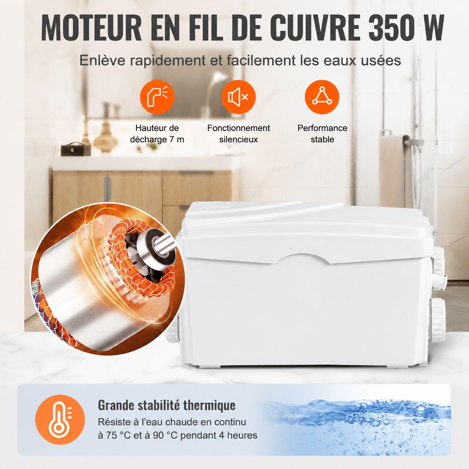 Station de relevage eaux grises 350 W, débit 6000 L/h, hauteur 7 m, 3 entrées pour cave cuisine évier douche baignoire buanderie