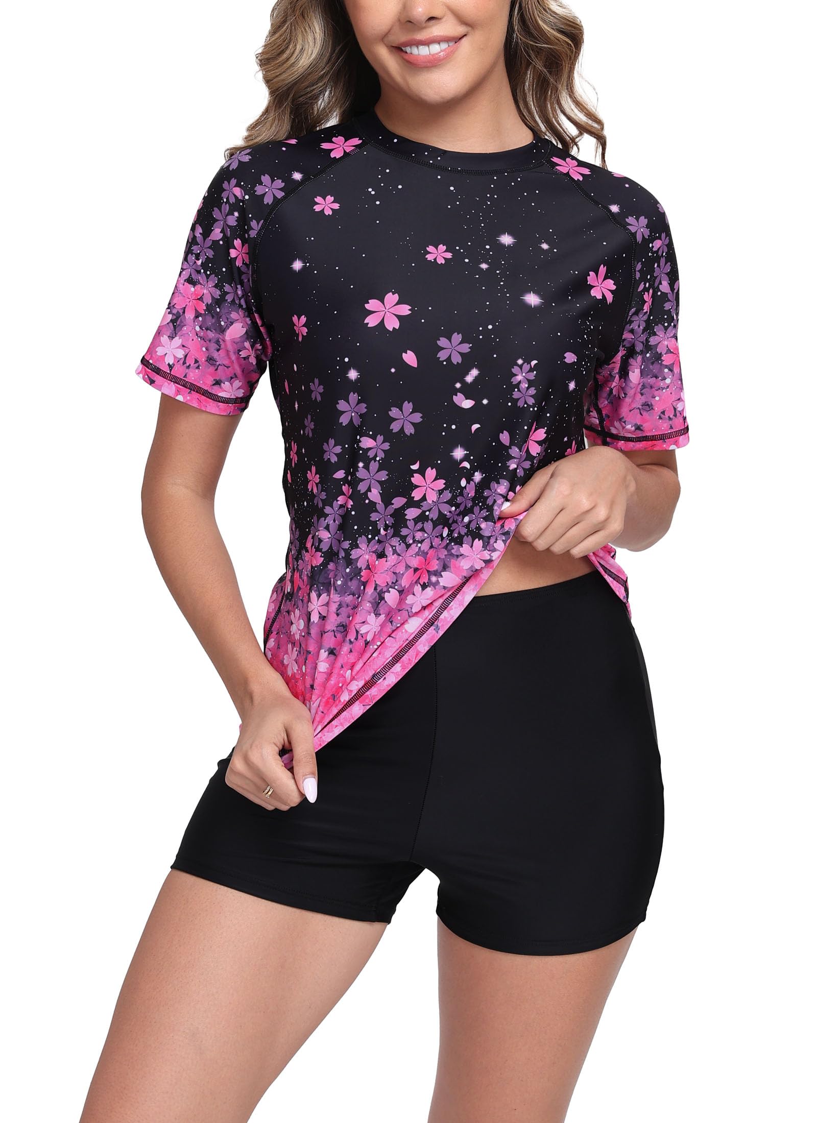 Women Short Sleeve Two Piece Rash Guard Set UPF 50 Swim Shirt with Board Shorts-image-35