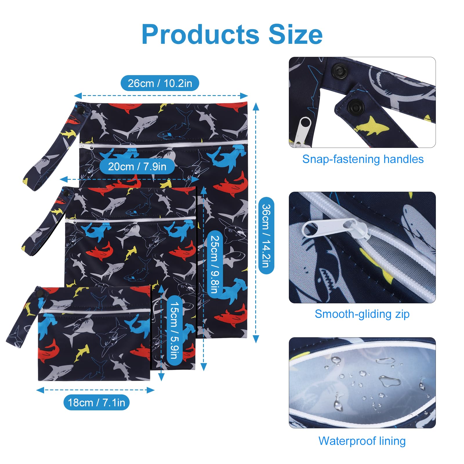 Iridsmole 3 PCS Wet Bags, Travel Laundry Bags, Waterproof Dirty Clothes Bag for Swimming Cloth Nappy Wet Bag with Zipper - Image 2