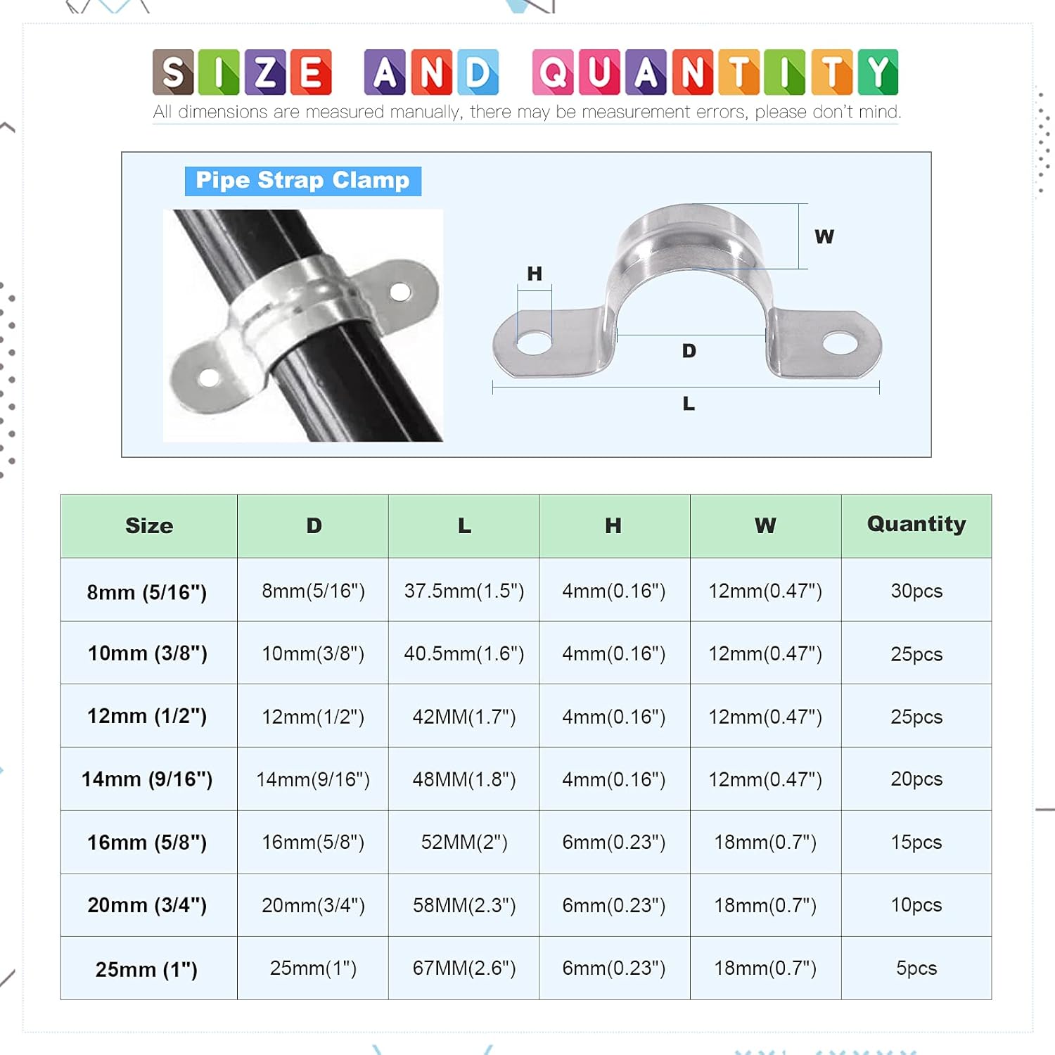 Glarks 130Pcs Two Hole Strap Clamps Set M8 M10 M12 M14 M16 M20 M25 304 Stainless Steel Heavy Duty Rigid Pipe Strap U Bracket Tube Strap Assortment Kit For Pipe Tube Fixing