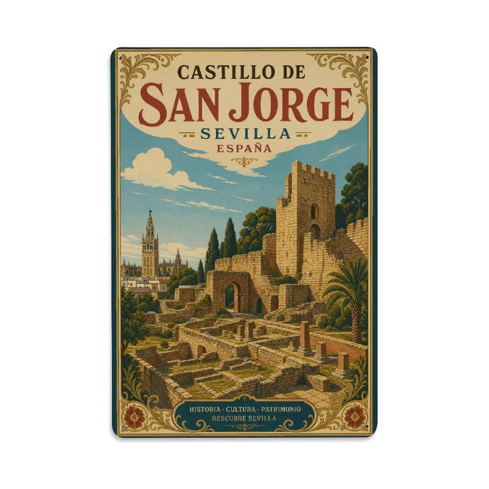 Huiyhb 8X12inch(20X30cm) Vintage Travel Castillo San Jorge Seville Castle Ruins Metal Tin Sign