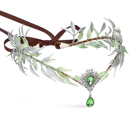 MOSTORY Corona de flores de hada verde hecha a mano  Circlet de elfo del bosque, hoja de bosque, corona de elfos para mujeres y niñas, disfraz