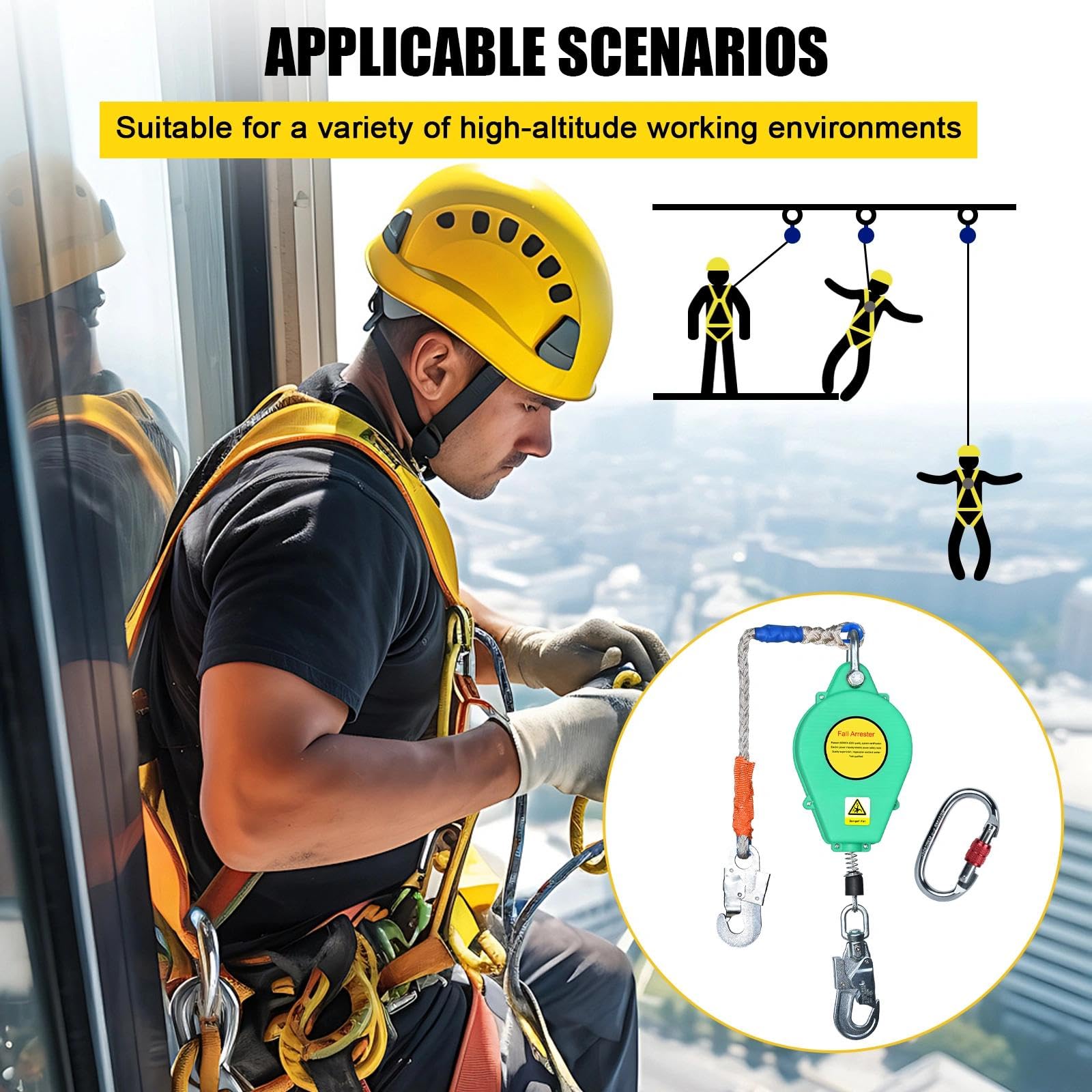 Dispositivo Anticaida Retráctil 10m/15m/20m, Anticaidas Retractil Seguridad Homologado con Gancho Mejorado, Linea de Vida Retractil con Mosquetón, Capacidad de Carga: 150 kg(Verde,10m)