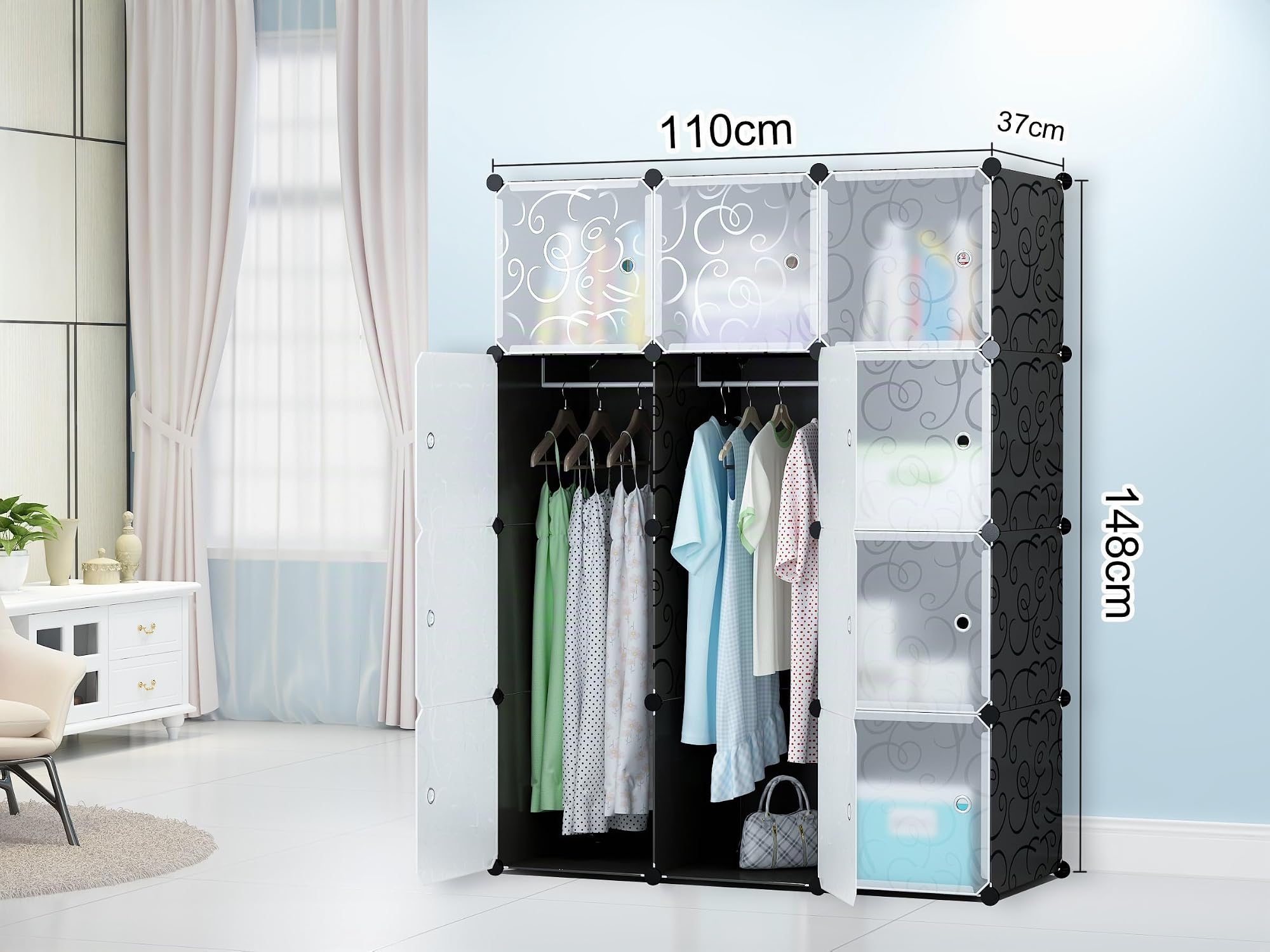 Home Collective Modularer Kleiderschrank mit 6 Regalen 2 Kleiderstangen Kombischrank Steckregal 3kg Kammerkapazität Polypropylenplatten schimmel- und wasserbeständig 110 x 37 x 148 cm schwarzes Muster