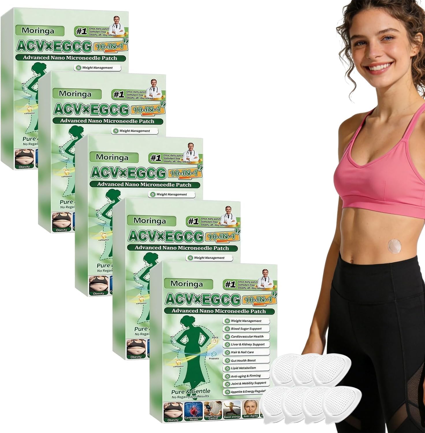 5 Scatole Moringa Cerotti Dimagranti Moringa ACV×EGCG 10 in 1,Dimagrante con Microaghi, Ingredienti Naturali, Bruciano Rapidamente i Grassi, Stimolano il Metabolismo, per Uomini E Donne (5 Scatole)