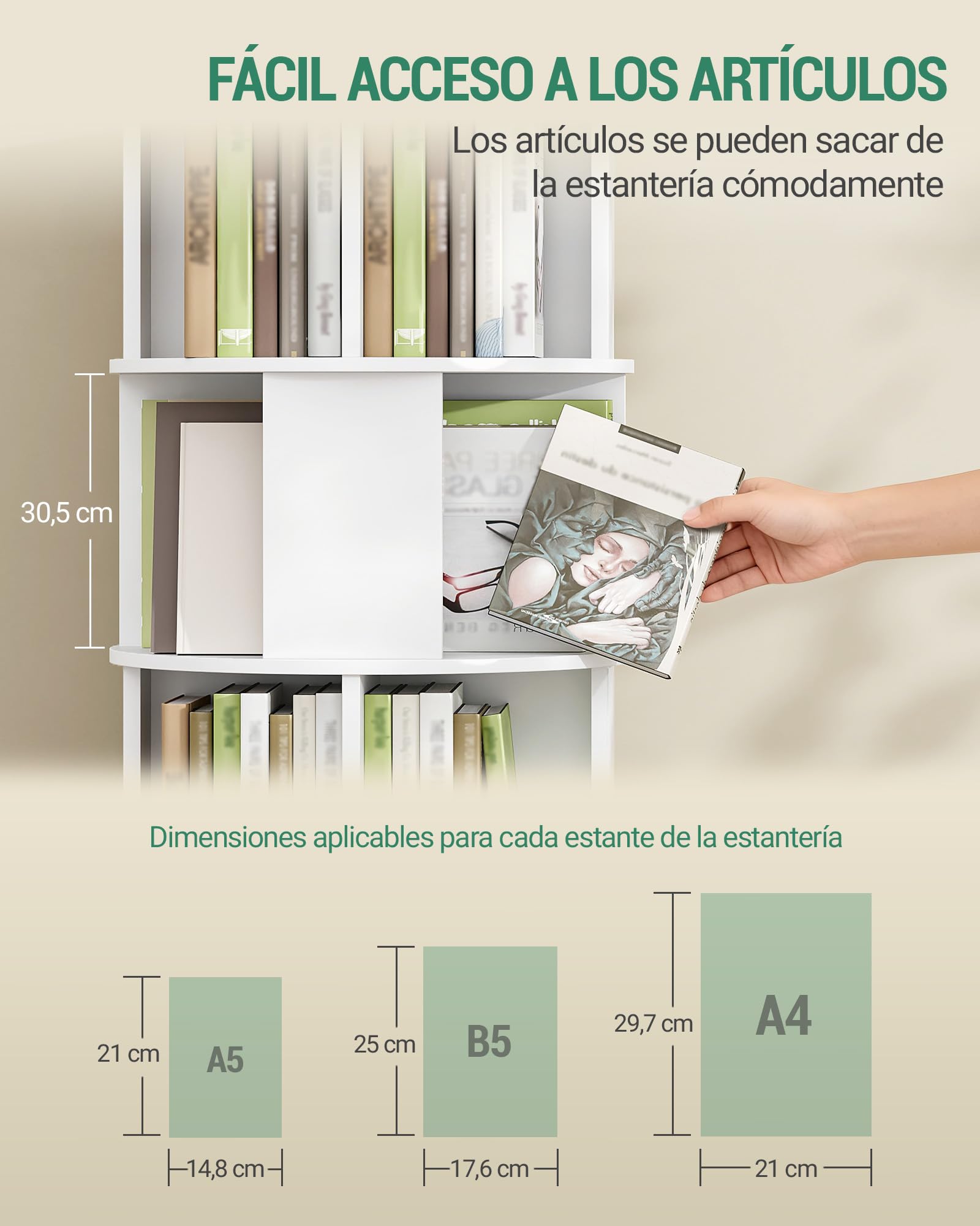 Hzuaneri Libreria Estantería Giratoria 360°, Librero Vertical de 5 Niveles, Estante para Libros con Ruedas Fijas, para Salón, Estudio y Oficina, 45 x 45 x 161,5 cm, Blanco BC54003X | Estantería de almacenamiento de 5 niveles, estantería moderna con ruedas