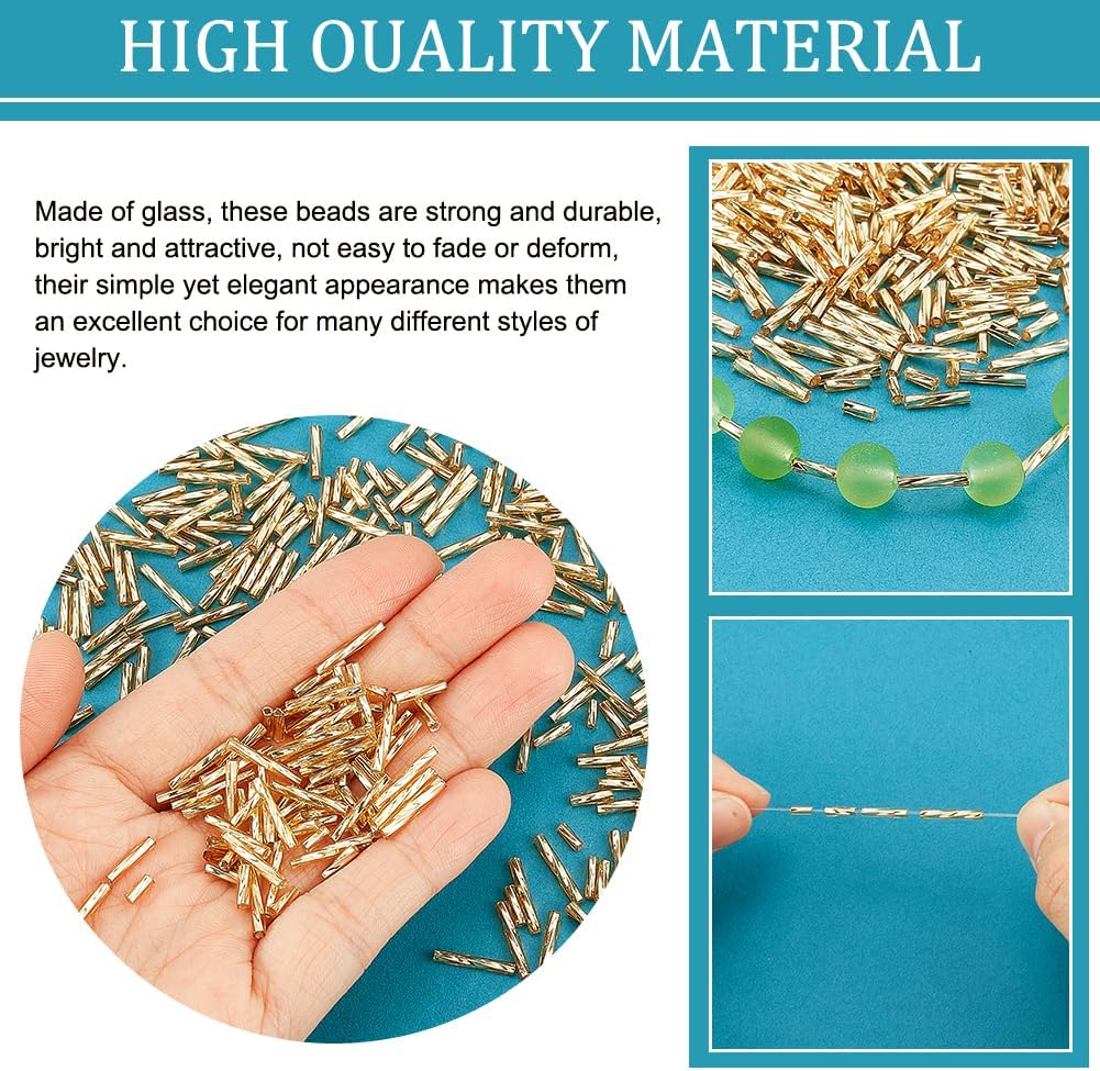 PH PandaHall 1600Pcs 4 Sizes Glass Bugle Beads, Golden Long Tube Seed Bead 5/6/9/12x2mm Loose Spacer Bead with 0.5mm Round Hole for Earring Bracelet Neckalce Jewelry DIY Craft Making Dress Decor - Image 6