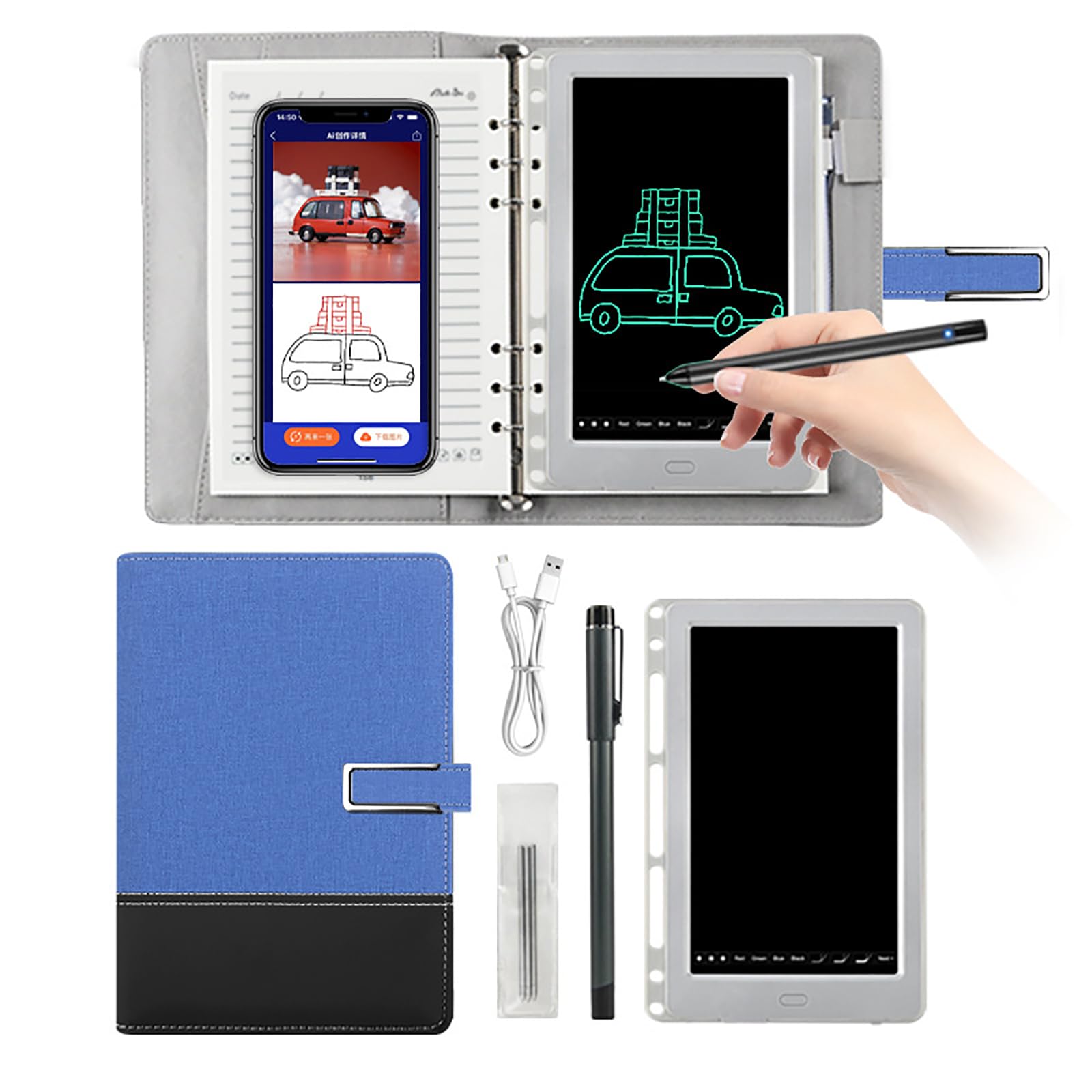 Penna Digitale a Sincronizzazione in Tempo Reale, Convertitore di Scrittura a Mano in Testo sul Telefono, Penna Intelligente Controllata a Voce per Note e Disegno Blue-Black