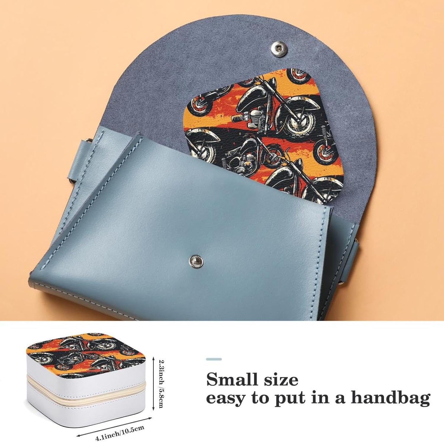PVC Leather Jewelry Organizer Box Small Jewelry Boxes Travel Jewelry Case,Portable Jewelry Storage for Rings Earrings Travel Essentials Accessories for Women Girls Retro Red Lines Motorcycles image 3