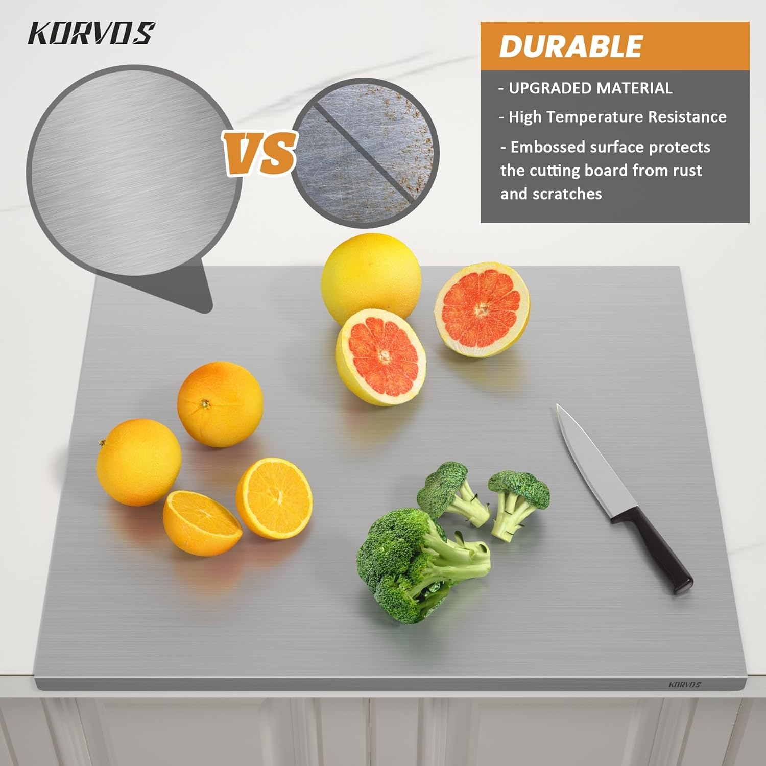 KORVOS Stainless Steel Cutting Board, 15.7" x 11.8" Double-Sided Cutting Boards for Kitchen, Metal Chopping Board with Lip&Non-Slip Mat, Easy to Clean, Suitable for Meat Fruits & Baking Standard Finish 11.8"L x 15.7"W
