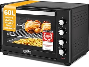 TZS First Austria - 60 Litre Mini Oven / Pizza Oven with Crumb Tray, Interior Lighting, Rotating Spit, Air Circulation Function, Space for 2 Pizzas on One Grill Shelf, Double-Glazed Door