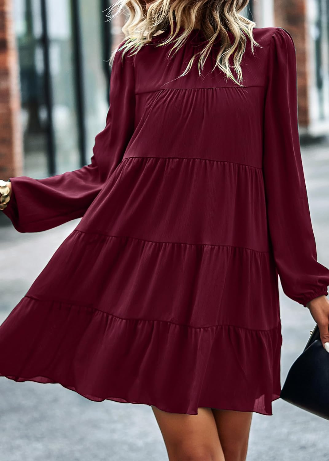 KIRUNDO Long Sleeve Baby Doll Dresses Women 2026 Casual Spring Summer Ruffle Mock Neck Tiered Mini Flowy Swing Shift Dress - Image 6