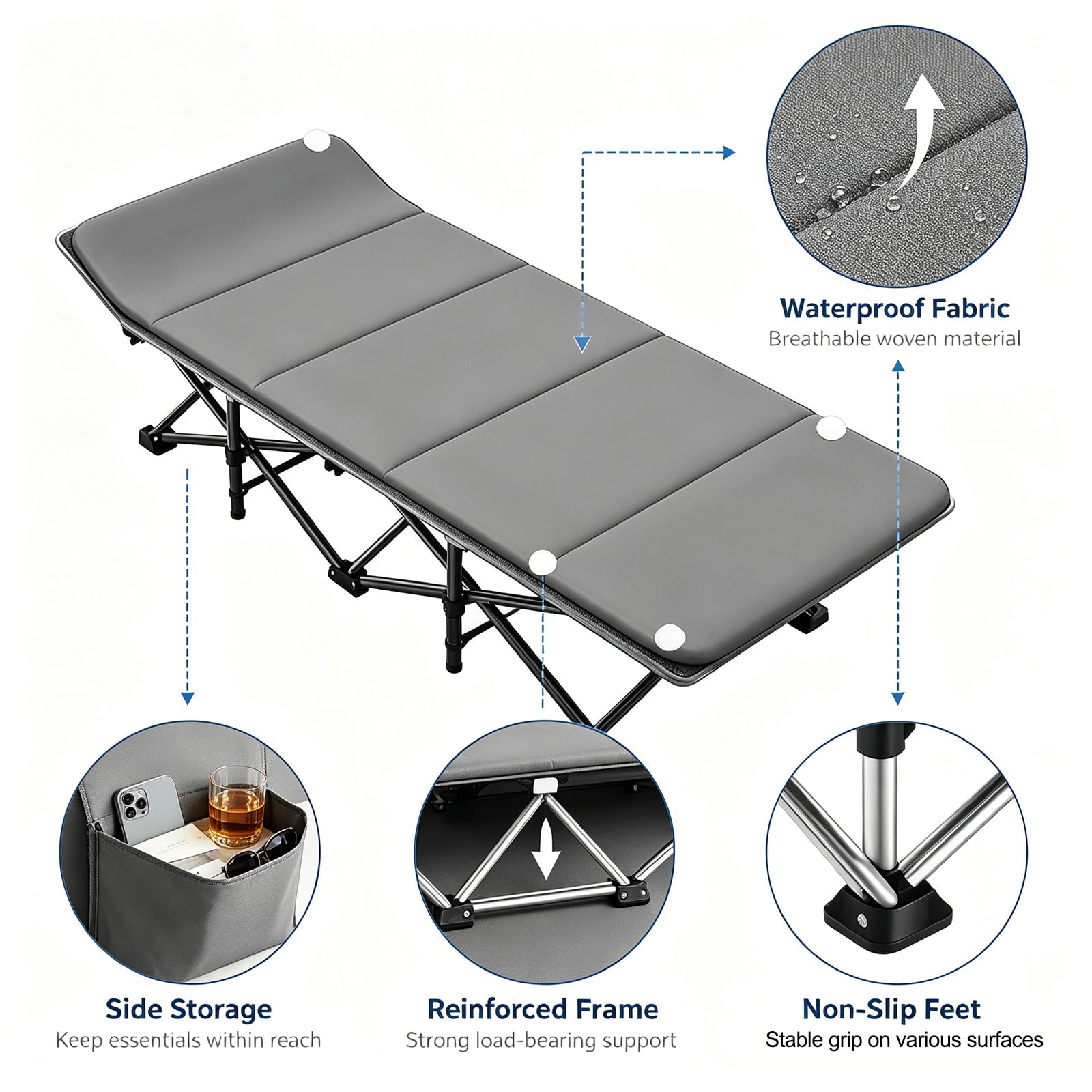 Tragbares, faltbares Campingbett mit Matratze, strapazierfähig, übergroßes Nickerchenbett für Camping, Büro, Wandern, Angeln, Schlafliege, Reisen, Zuhause, 299,8 kg Tragkraft