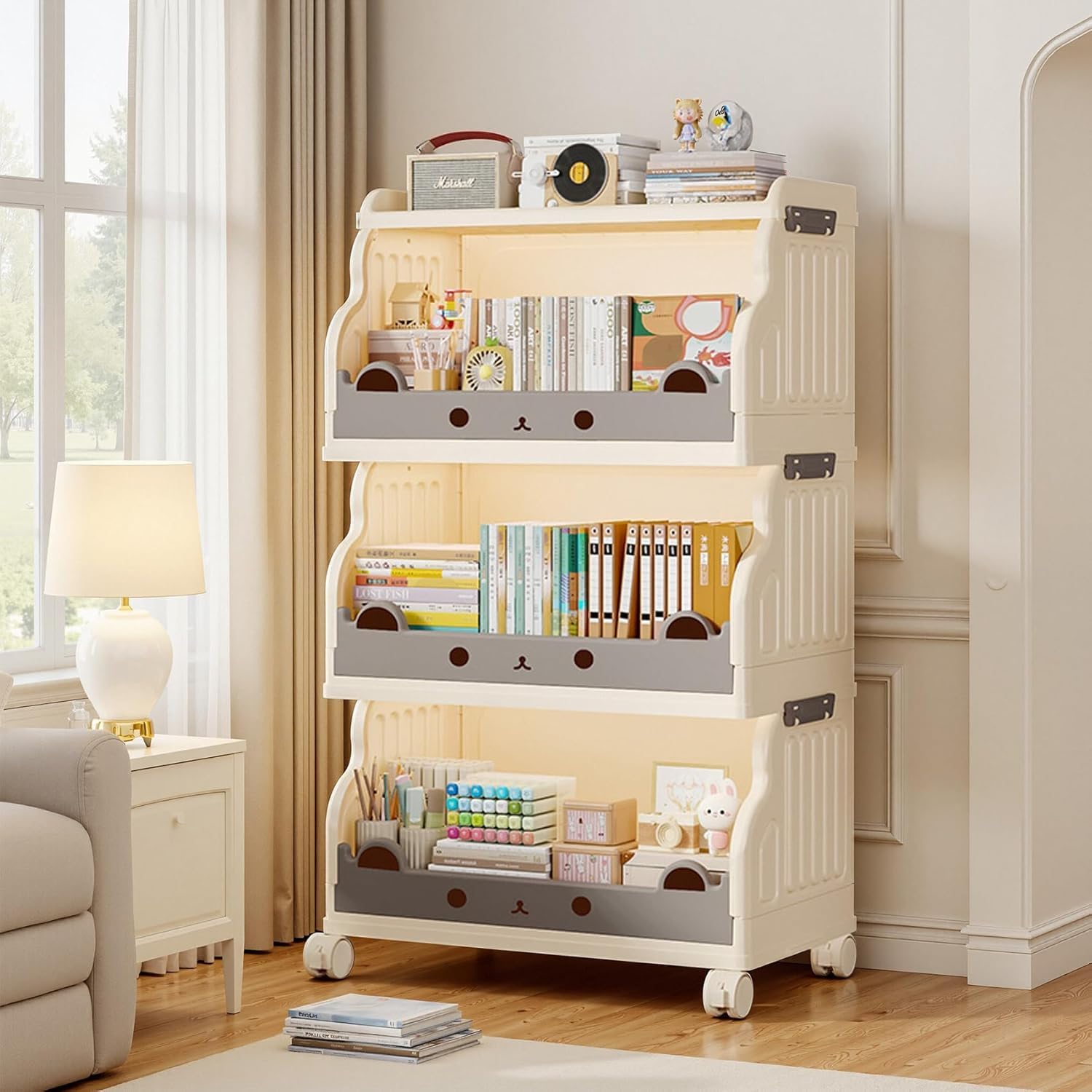 Roqao 3-Tier Rolling Book Cart with Lockable Casters, Slim Bookcase Storage | Plastic Movable Bookcase with Silent Wheels, Lockable Casters, Foldable White Bookshelf for Home, Classroom, Office & Bedroom