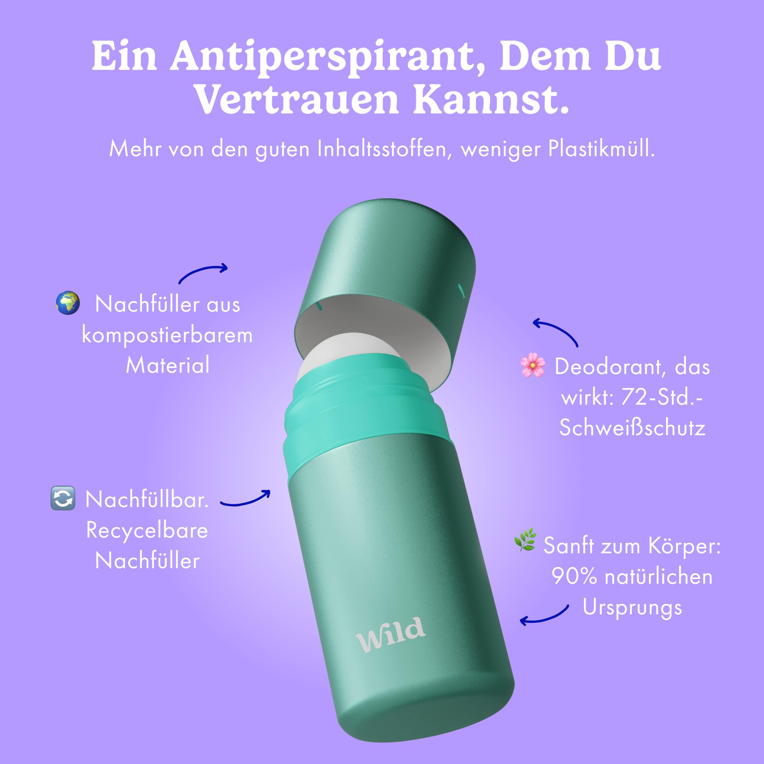 Wild Nachfüllbares Antiperspirant Roll‑on Deodorant Starter‑Kit – 72‑Stunden‑Schutz vor Körpergeruch & Schweiß – Aqua Case mit Honey & Cactus Flower, Cotton&Sea Salt und Coconut&Vanilla Nachfüllern