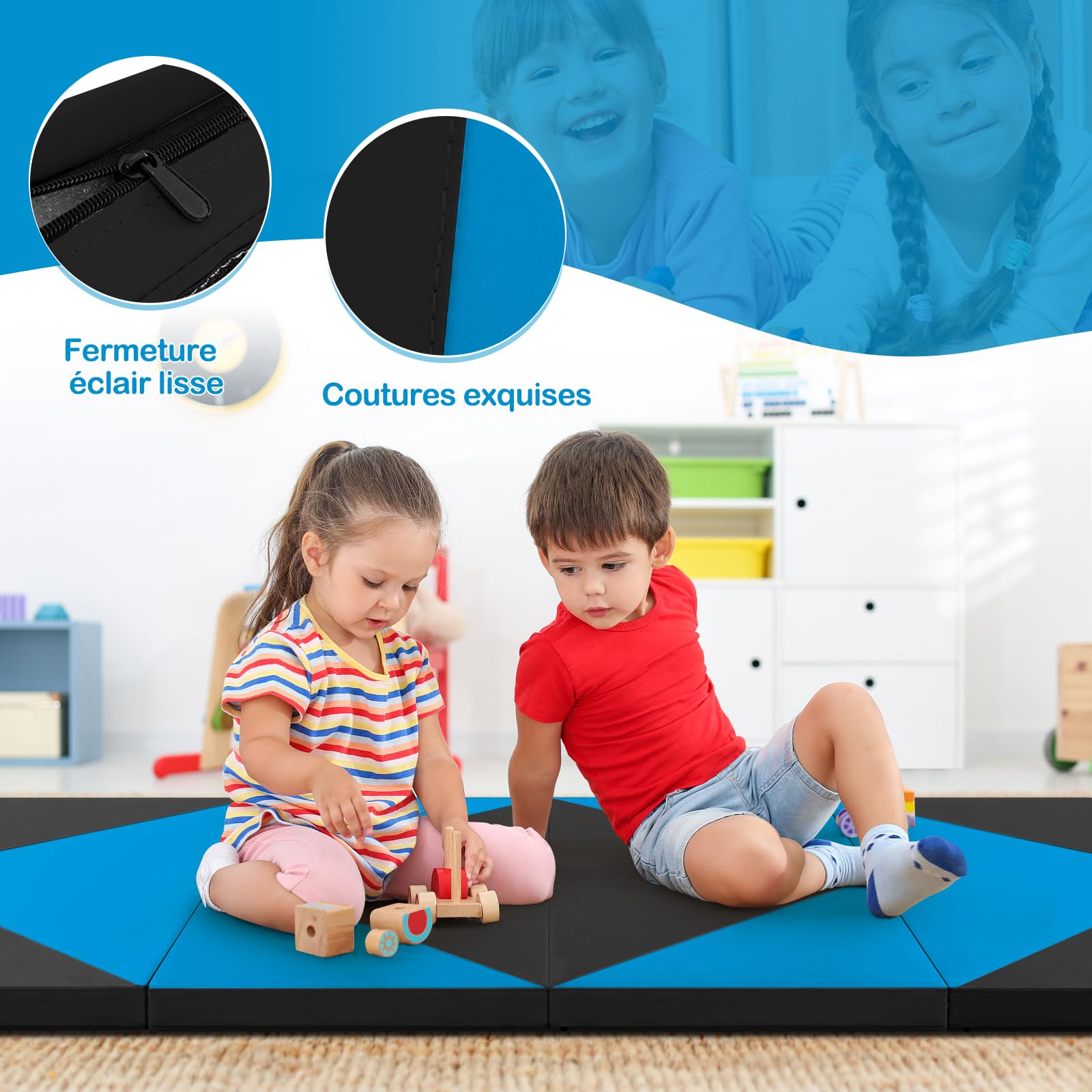 GOPLUS Tapis de Gym Pliable, 240x117x5CM, 4 Plis & Poignée Latérales pour Transport, Tapis Gymnastique en Cuir Imperméable, Attaches Auto-agrippantes pour Gym, Yoga, Fitness