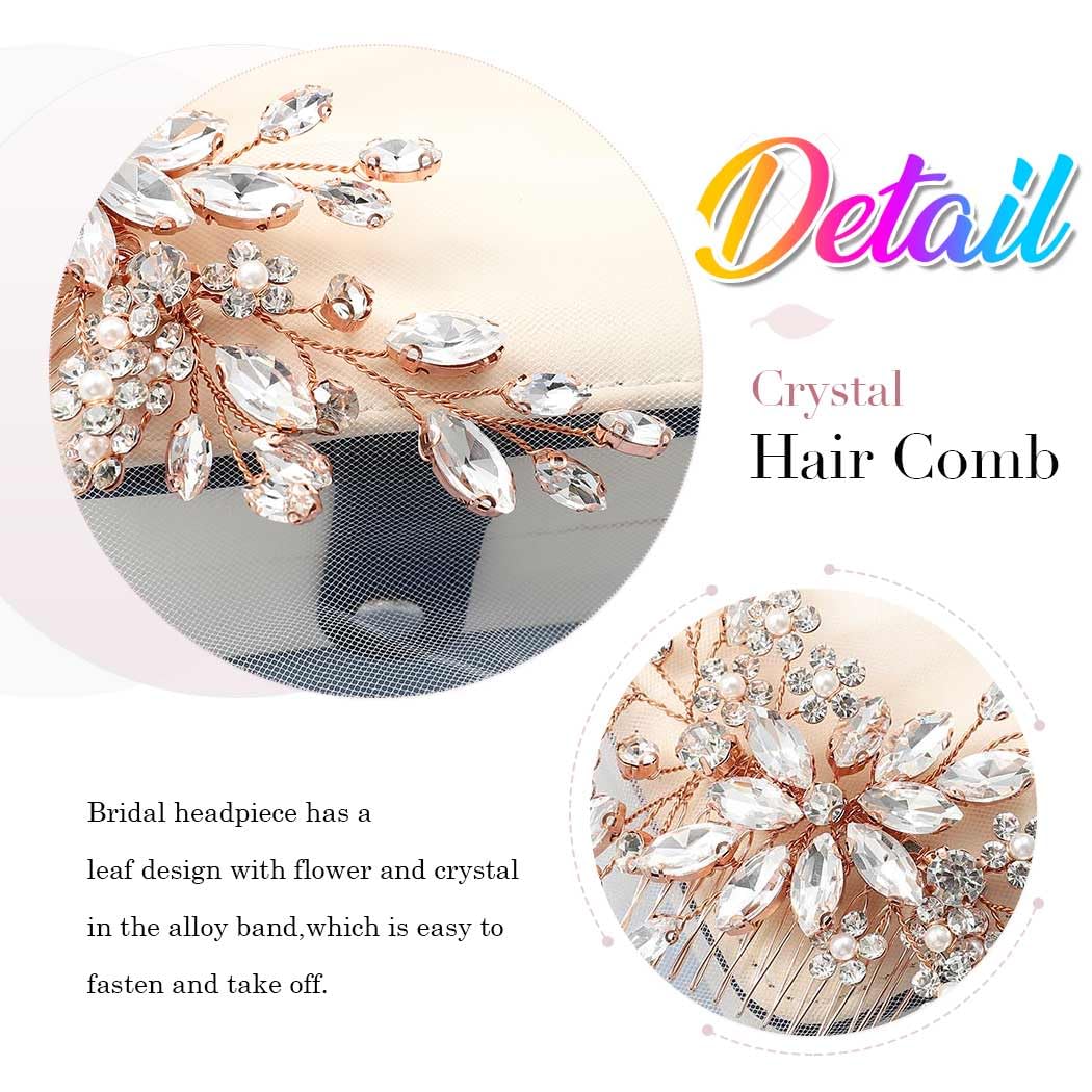 Catery Crystal Bridal Hair Comb Rose Gold Rhinestones Hairpiece Flower Wedding Clips Accessoires for Brides and Women(Rose Gold) - Image 6
