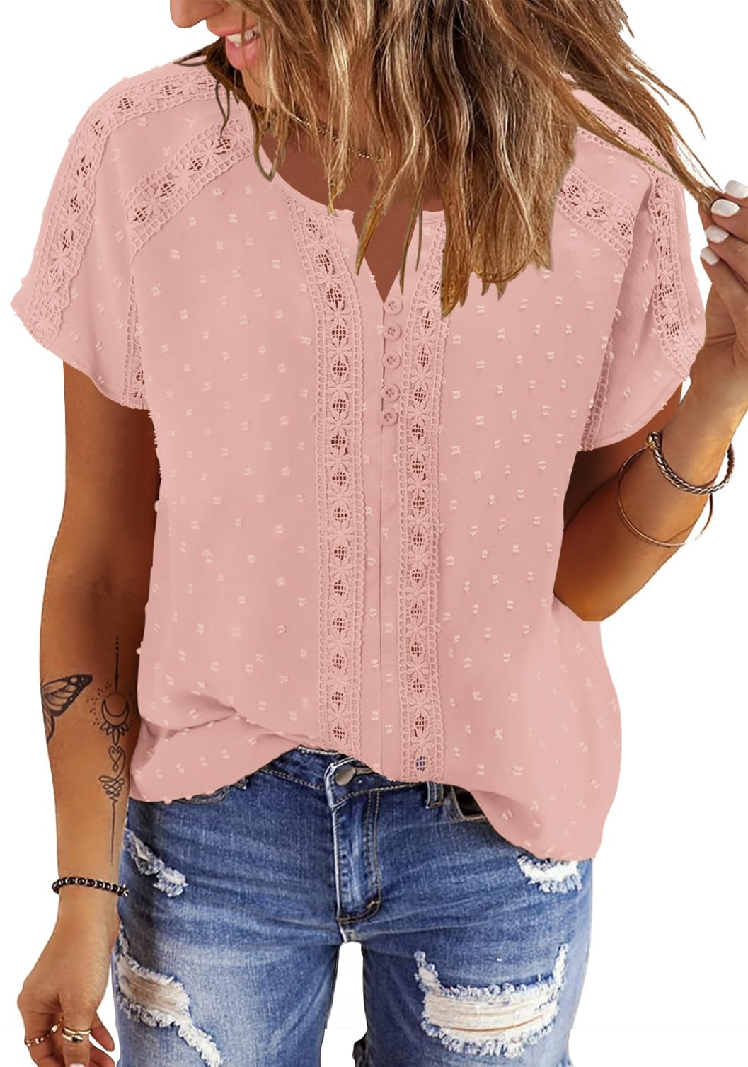 BETTE BOUTIK Women Short Sleeve Boho Tops Summer Dressy Casual Shirts Trendy Western Blouses