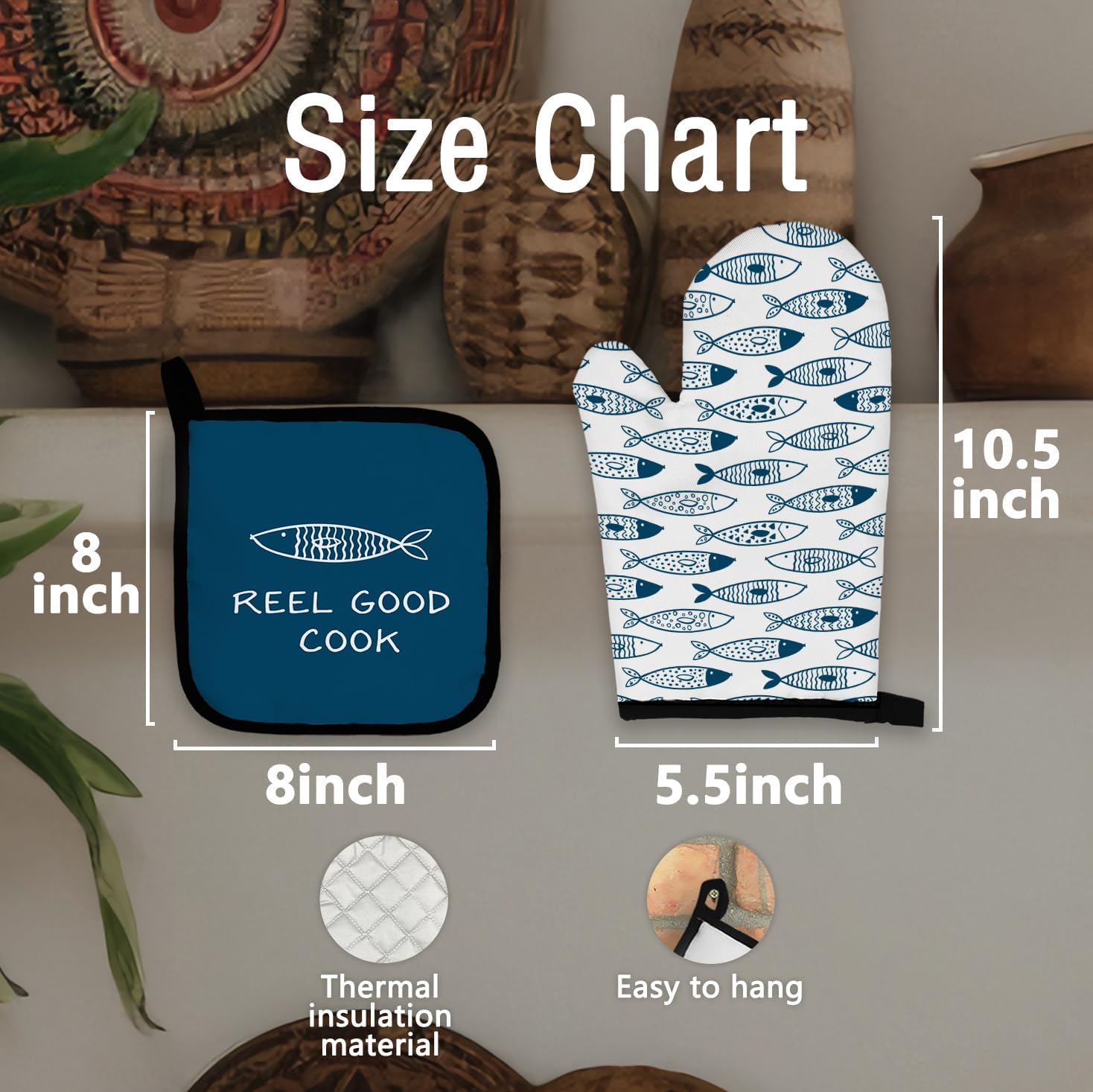 Coastal Beach Blue Fish Oven Mitts and Pot Holders Sets, Fish Gifts Oven Mitts, Reel Good Cook Blue Fishing Over Mittens for Kitchen Decor, Beach Over Gloves Gifts - Image 7