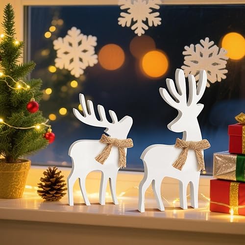 Miniatura 5 de Decoración navideña de reno de madera 2 piezas de decoración navideña de ciervo de madera con lazos, decoraciones navideñas de granja para repisa,