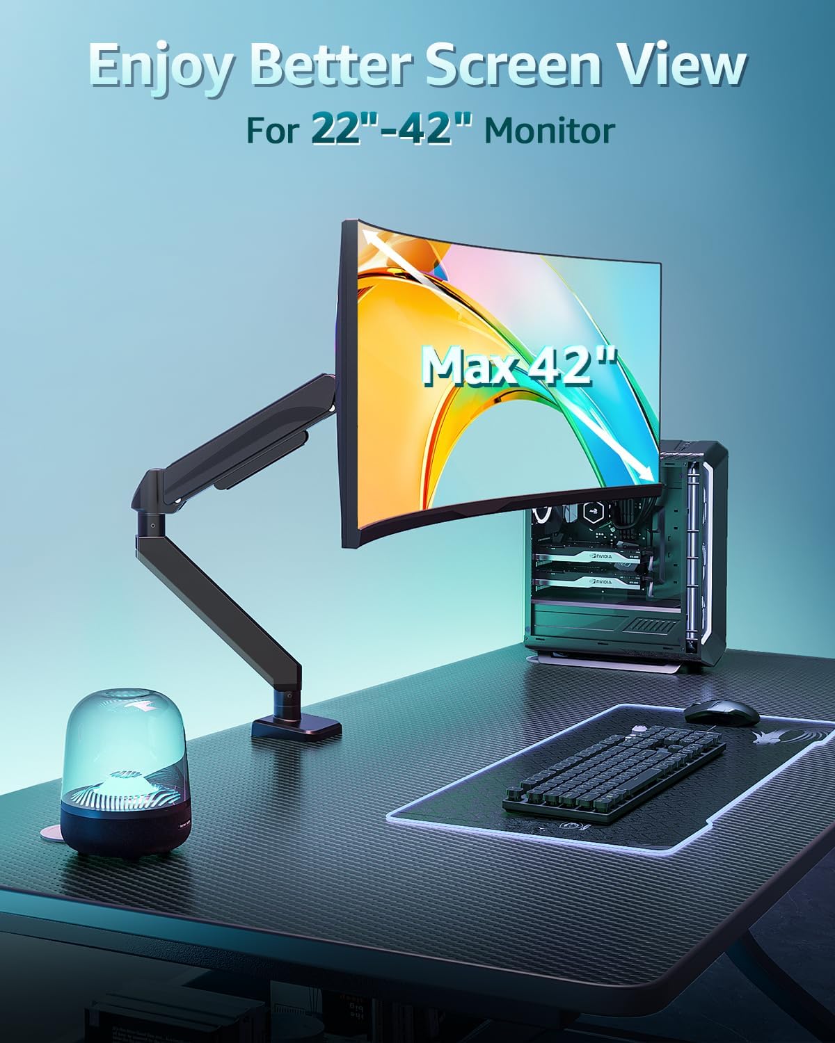 Heavy Duty Single Monitor Arm for Max 42 Inch Screens, Monitor Mount for Desk Supports 4.4-33 lbs, Height Adjustable Ultrawide Monitors Stand with C-Clamp & Grommet Base, VESA Mount 70/100