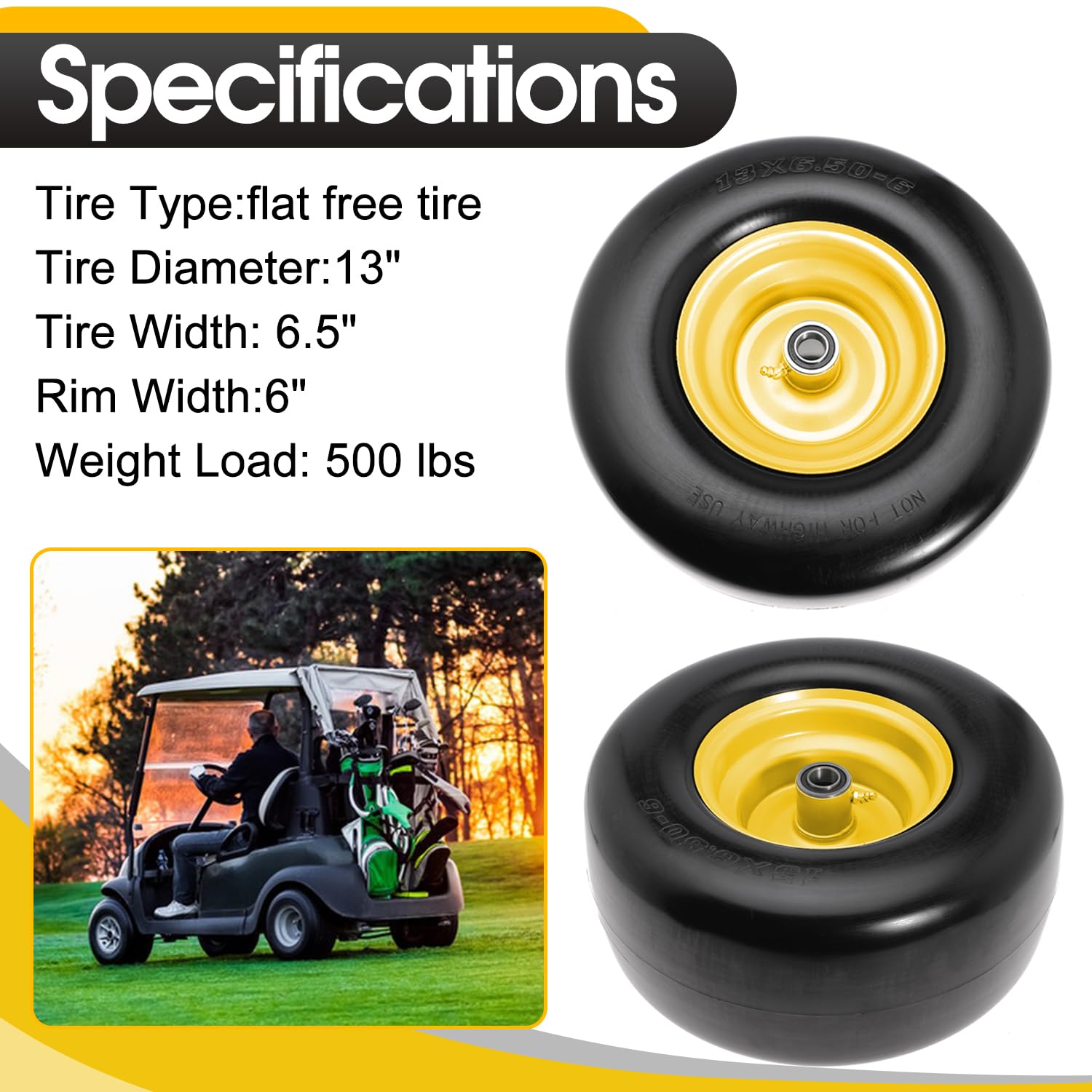 16x6.50-8 Flat-Free Tires & Wheels – Set Of 2, 1-Inch Axle Bore, 3-Inch Hub, For Zero Turn Mowers, Tractors, Trailers & Equipment