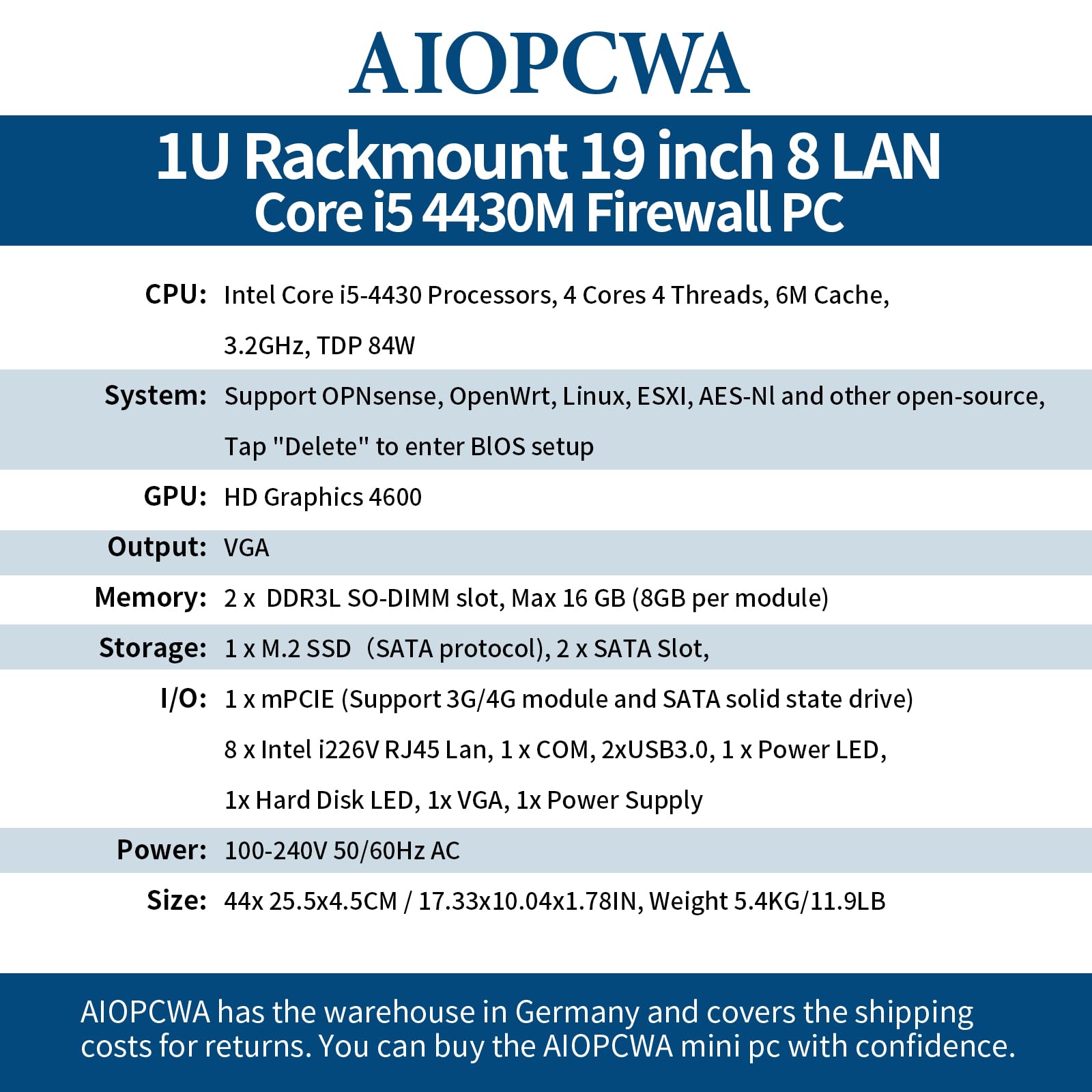 1U Firewall Appliance Mini PC, 19" Rackmount Router Hardware, 8 x 2.5GbE i226-V LAN, Core i5-4430, AES-NI, VGA, OPNsense Network Security Computer, DDR3L Barebone No RAM/SSD