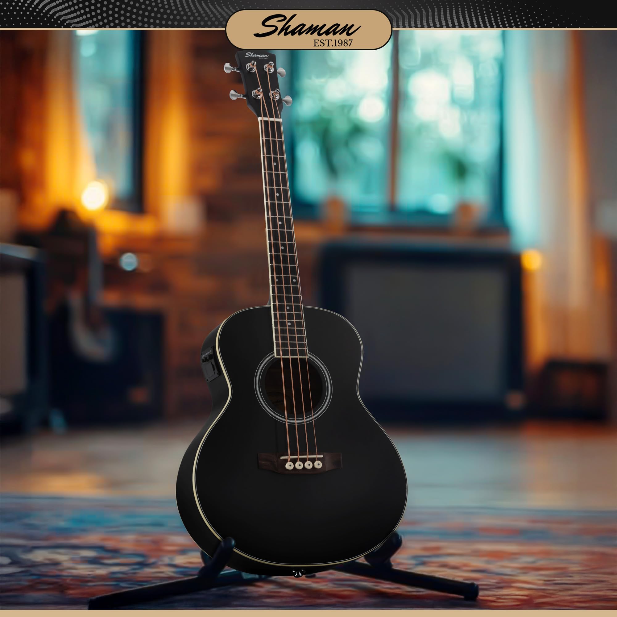 Shaman ABM4-50E-BK Akustik Bass 4-Saiter - kompakter Short-Scale Bass mit eingebautem Tonabnehmer, Piezo-Elektronik & Stimmgerät, Mahagoni & Fichte Korpus, ideal für Bühne & Zuhause - Schwarz