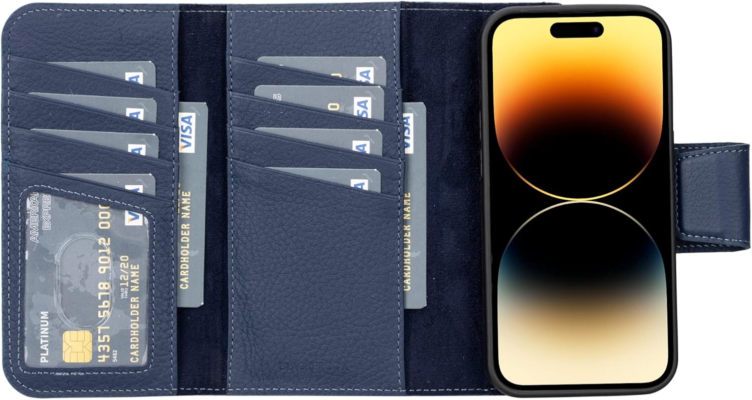 BLACKBROOK Trifold Magnetic Detachable Wallet & Case Set Compatible with iPhone 14 Pro - (2 in 1) Tudor Full Grain Leather Case with 8 Card Slots, 2 Cash & 1 Clear ID Pockets
