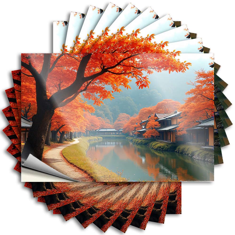 Tattoos Stuff for Men Vinyl Sticker | Autumn Leaves Line A Serene Canal with Traditional Houses. Personalized for Billiard Use(8X12CM)