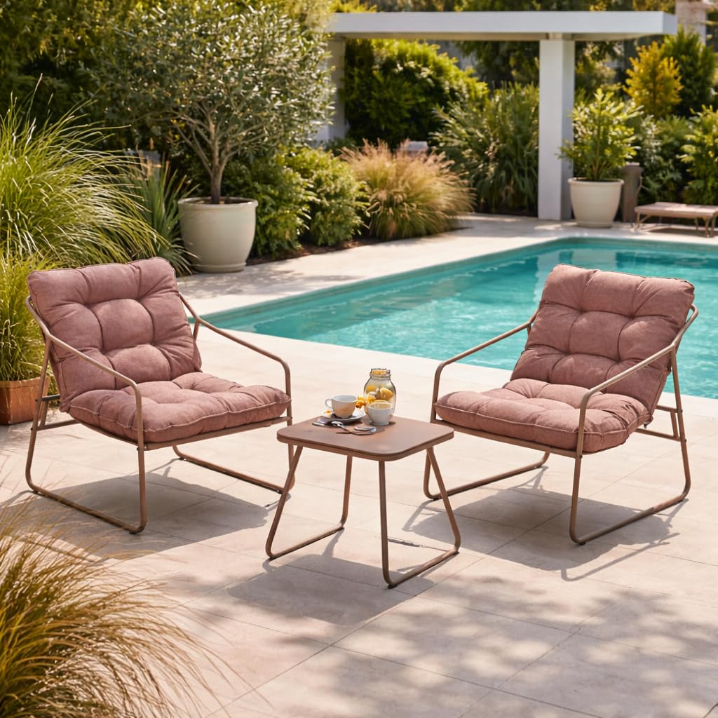Brigros Estosa - Set Salotto da Giardino 2 Posti con 2 Poltrone e Tavolino, Arredo Esterno in Acciaio Zincato Mocha Mousse con Cuscini Beige Idrorepellenti, Set Relax Outdoor
