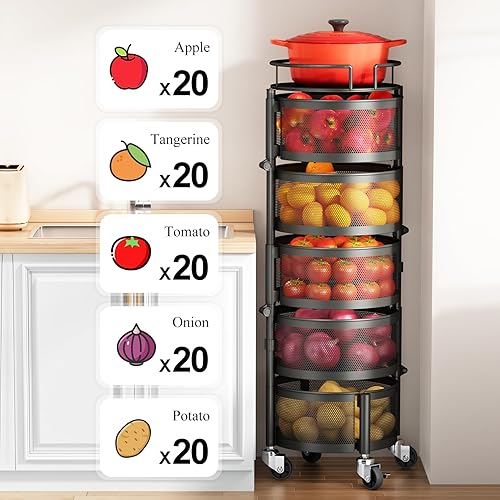 Miniatura 2 de SNTD - Cuencos de cesta de frutas y verduras para cocina con tapa superior de metal carrito de almacenamiento giratorio de 5 niveles para papa