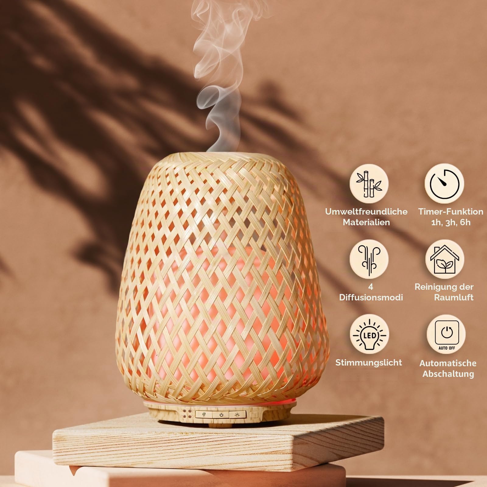 Zen'Arôme - Ultraschall-Diffusor für ätherische Öle Olaki (bis zu 40 m²) - Kaltdiffusor für Aromatherapie - Handgefertigtes Zen-Design aus Bambusgeflecht - Einstellbare Beleuchtung