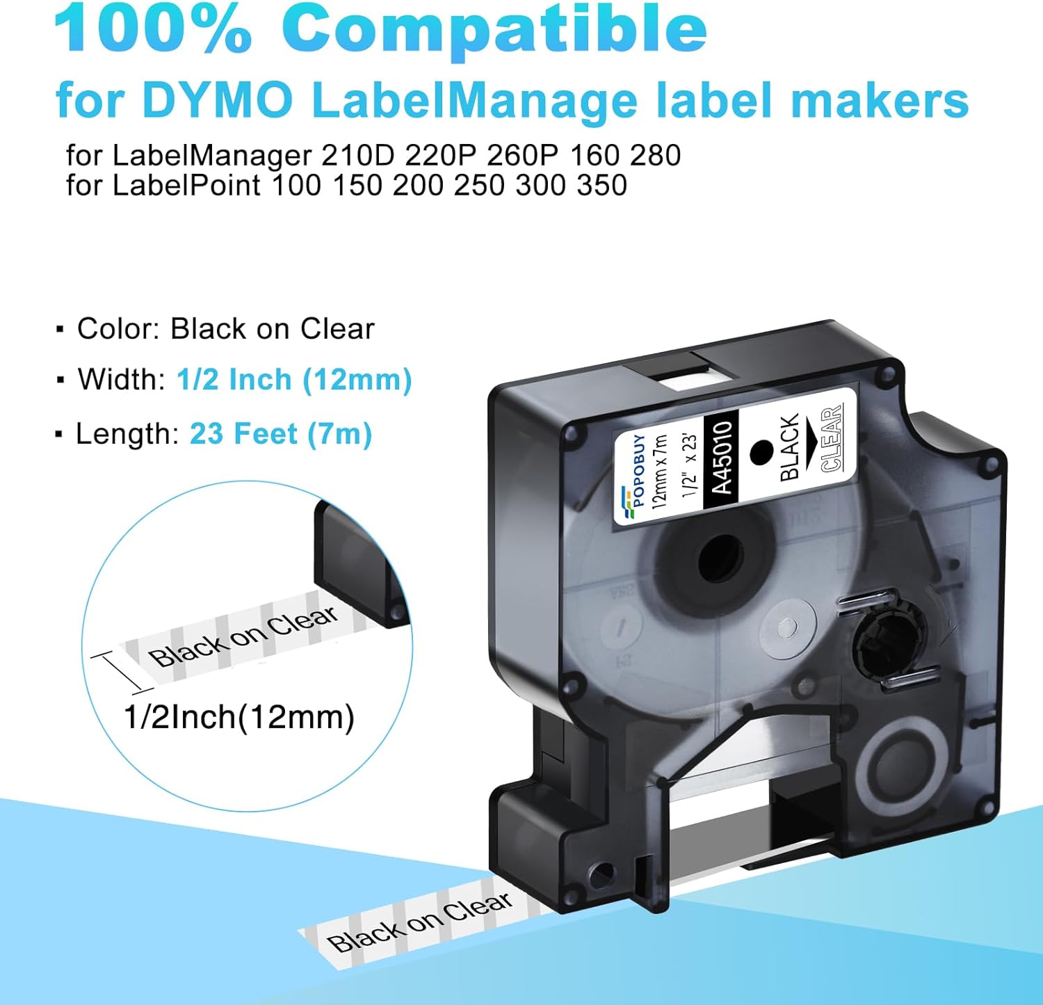 30 Pack Compatible for DYMO D1 Label Maker Refills A45010 S0720500 Black on Clear Label Tape 45010, 1/2 Inch x 23 Ft, for LabelManager 210D 220P 260P 160 280 420P 360D 450 COLORPOP PnP LP250