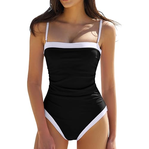 QINSEN Women's One Piece Swimsuit Color Block Tummy Control Bathing Suit Vintage Square Neck Spaghetti Straps Swimwear