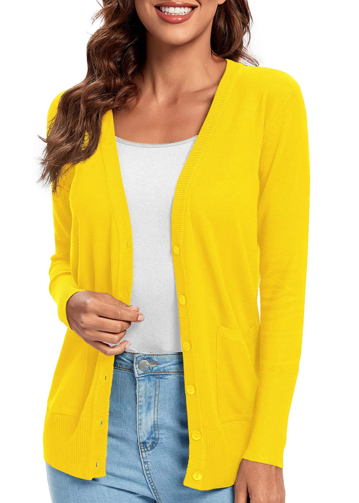 Urban CoCo Women's Long Sleeve Button Down Basic Cardigan Sweater (XL, Lemon Yellow)