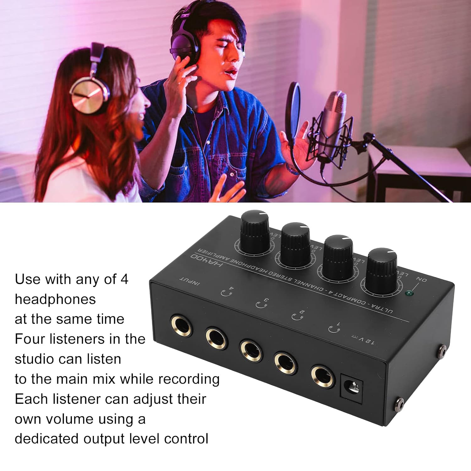 Headphone Amplifier 4 Channel HA400 Stereo Compact Low Noise US Plug 100-240VAC with 1/4in TS Connector