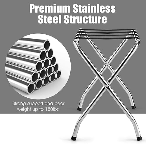 Miniatura 7 de Tangkula Portaequipajes cromado para habitación de invitados, no requiere montaje, soporte plegable de metal para maleta con cinturones de nailon,