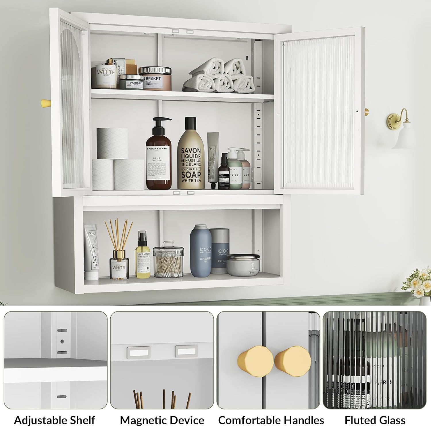Bathroom Wall Cabinet with Fluted Doors, Metal Wall Cabinet with Adjustable Shelves,Over the Toilet Glass Wall Mounted Storage Cabinet for Bathroom, Kitchen, Laundry Room, White