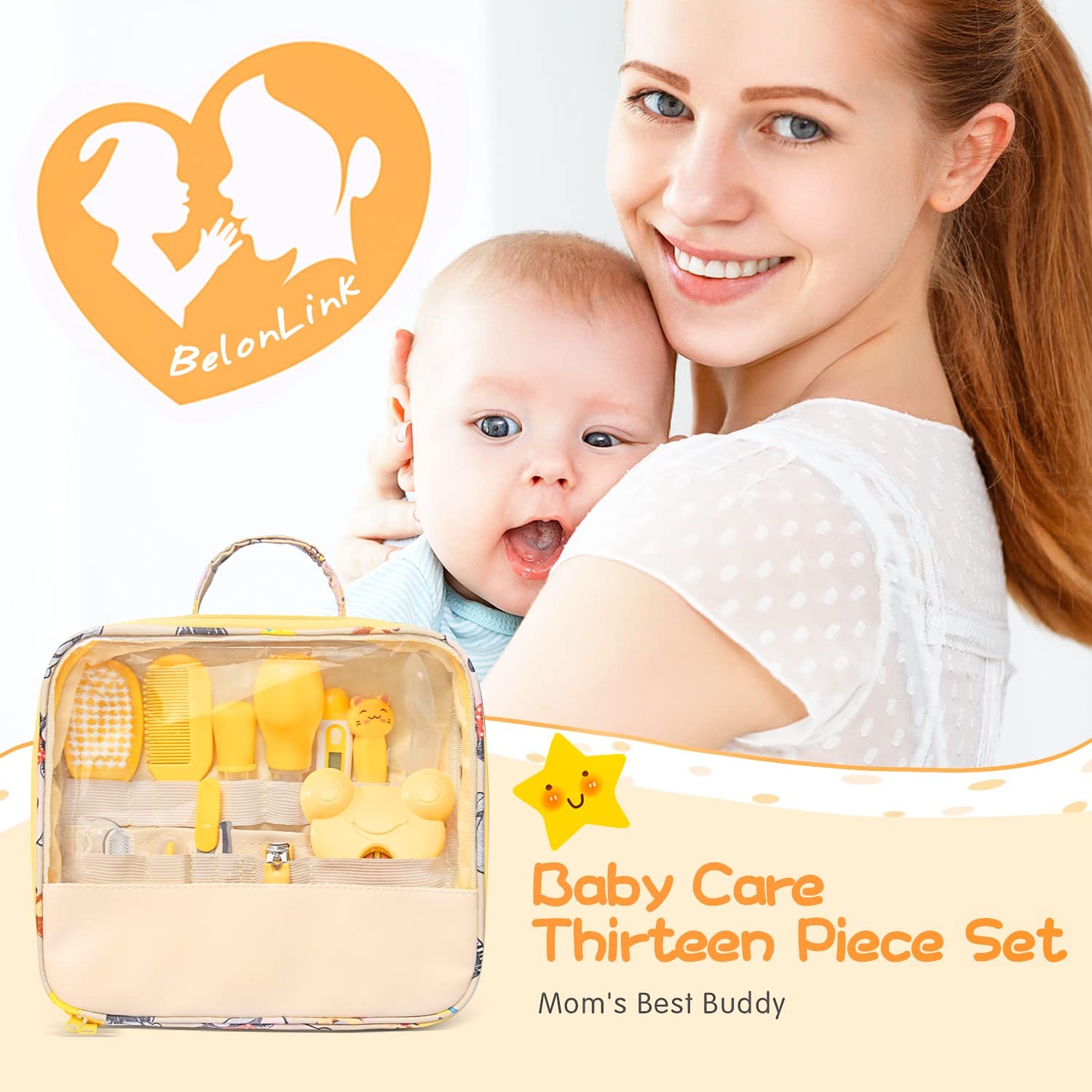 Kit de Soin Bébé 13pcs, BelonLink Trousse complète de soin pour bébé, Toilettage de Soin Quotidien Portable Kit Toilette Bébé Naissance Thermomètre de Bain, Coupe-ongles, Ciseaux, Peigne pour Bébé