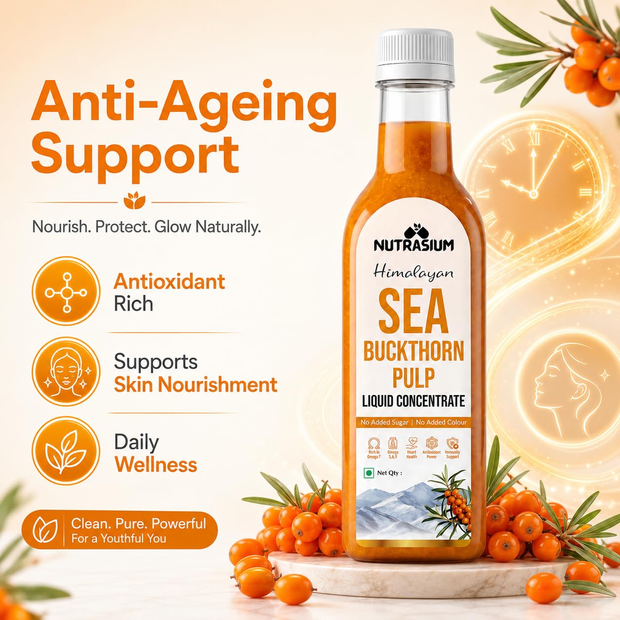 Nutrasium Sea Buckthorn Pulp Concentrate 1000 ml | Cold Pressed Himalayan Sea Buckthorn Berry Liquid Concentrate | Natural Source of Vitamin C & Omega 3, 6, 7 & 9 | Pack Of 2 1