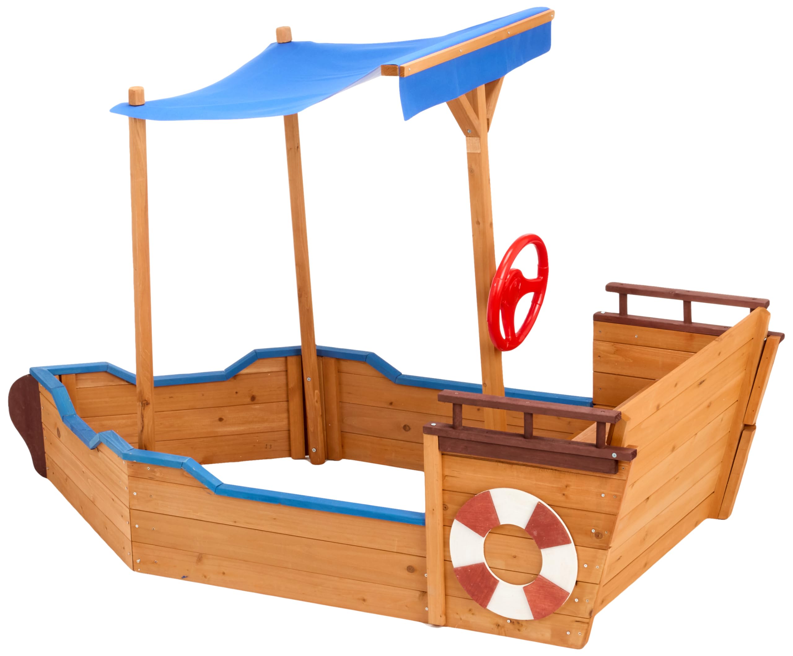 SPOFLYINN Pirate Ship Sandbox with Cover Rudder Storage Bench Weatherproof Bottomless Design Solid Wood Wooden Play Boat Wood Color