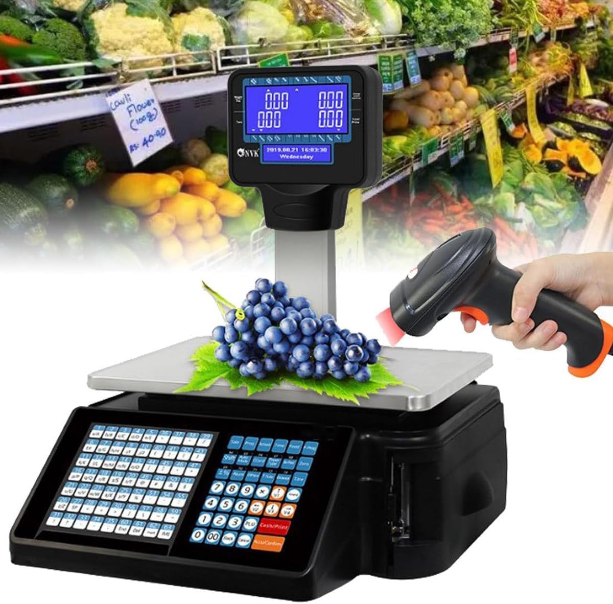 Label Printing Scales,Commercial Digital Price Computing Scale with Thermal Label Printer,Barcode Printing Scale with LCD Screen,66lbs Capacity, for Food Retail Store