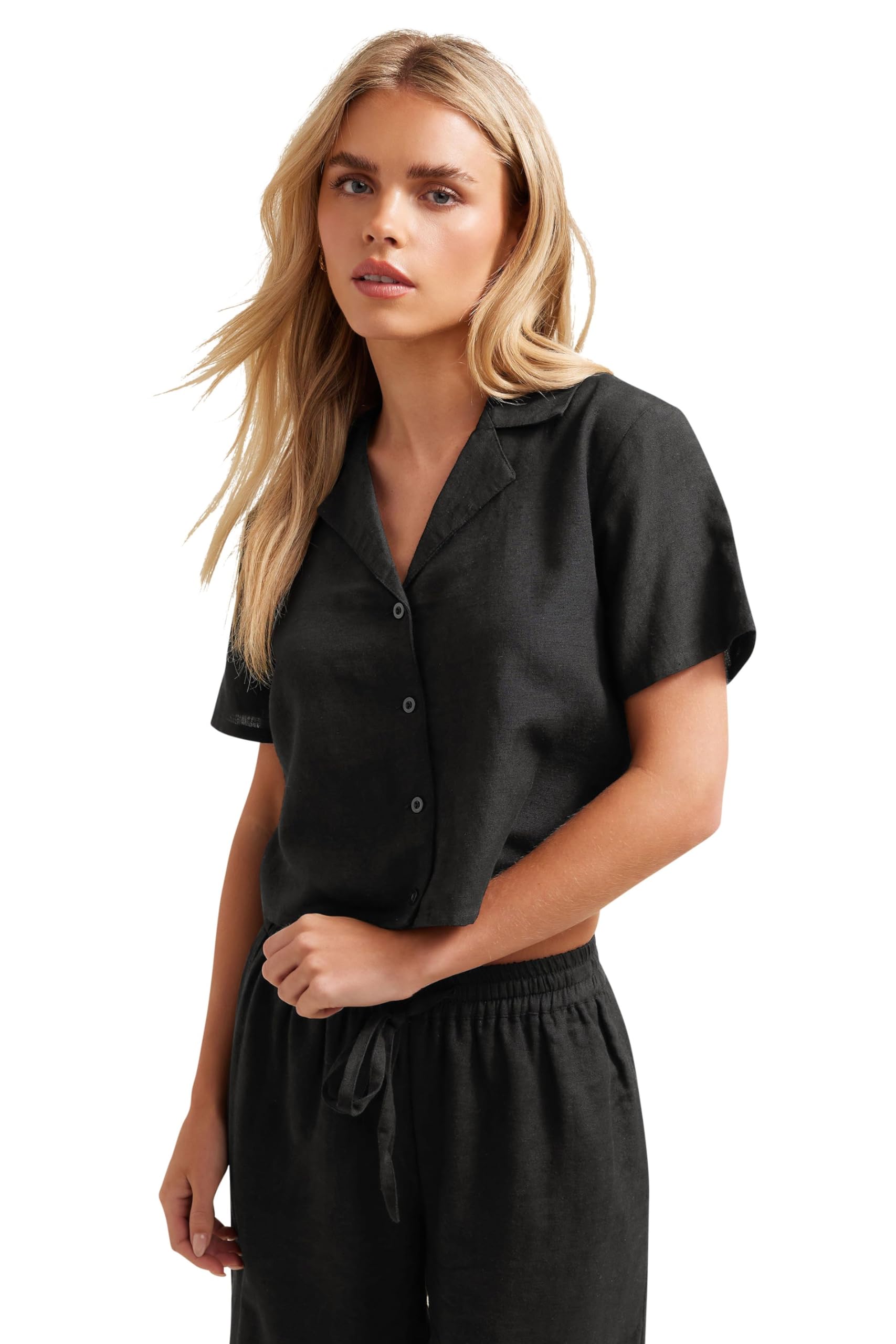 Pixiegirl Women's Black Petite Linen Cropped Shirt In | : Size 12