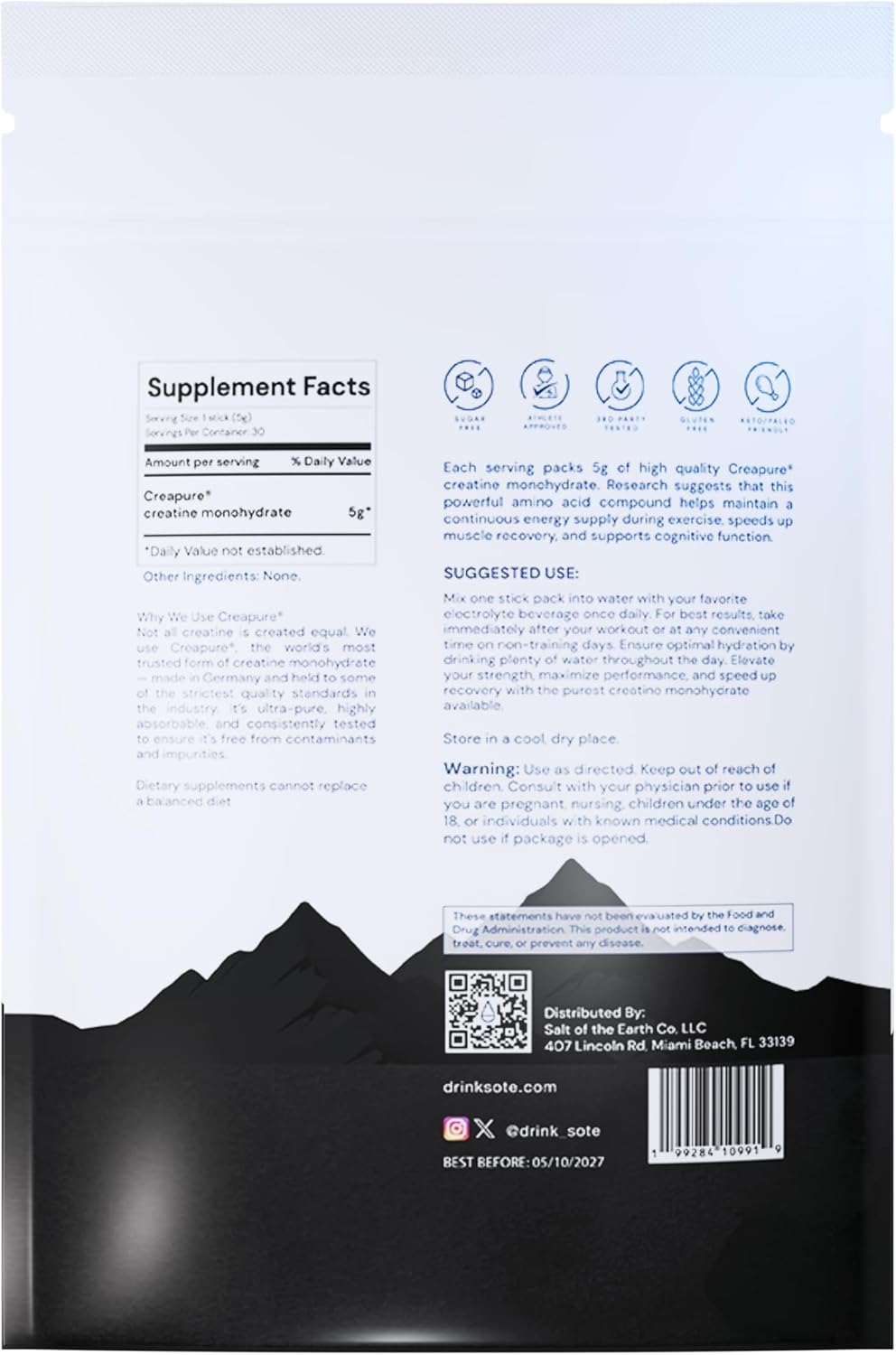 Salt of the Earth Creatine – Pure Creapure Monohydrate for Muscle, Brain & Energy Support – Gluten-Free, Keto, NSF Certified for Sport – 5.45oz, 30 Servings