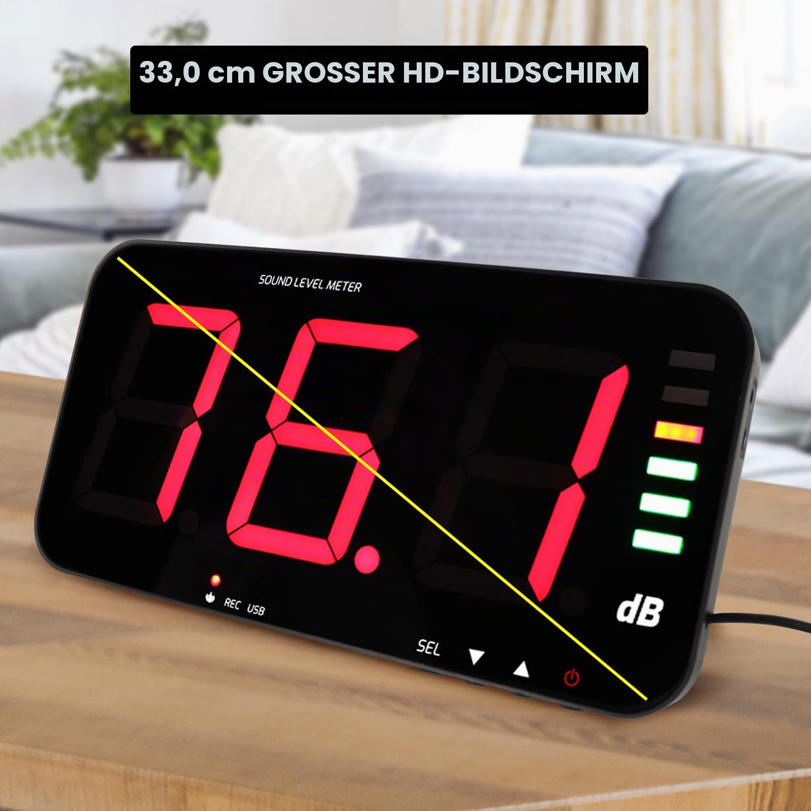 Dezibelmessgerät, 13 Zoll, wandhängendes Schallpegelmessgerät, Datenlogger, Geräuschmessgerät mit 16,4 Fuß Schallsensor, akustisches und visuelles Alarmschallmessgerät