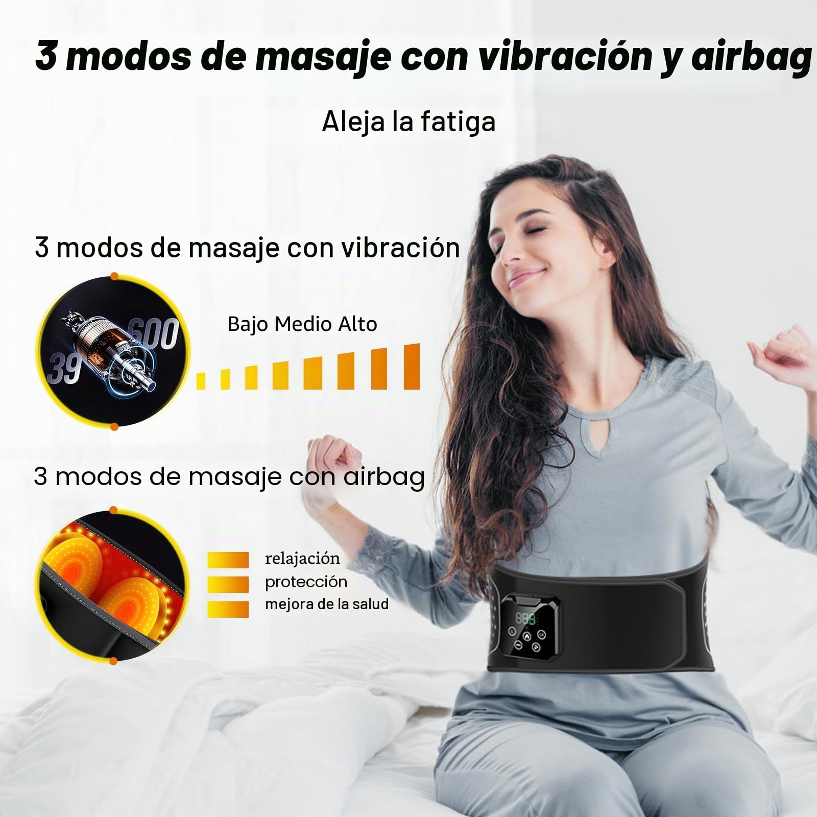 Cinturón de Masaje Lumbar con Calor Inalámbrico, Cojín Térmico Eléctrico con 3 Modos de Masaje por Aire y 4 Niveles de Temperatura para Aliviar el Dolor de Espalda, Ciática y Estrés